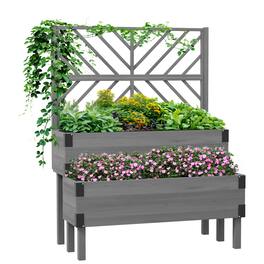 Outsunny - Raised Garden Bed with Trellis, 2 Tier Wooden Elevated Planter Box with Legs and Metal Corners for Vegetables, Flowers - Gray