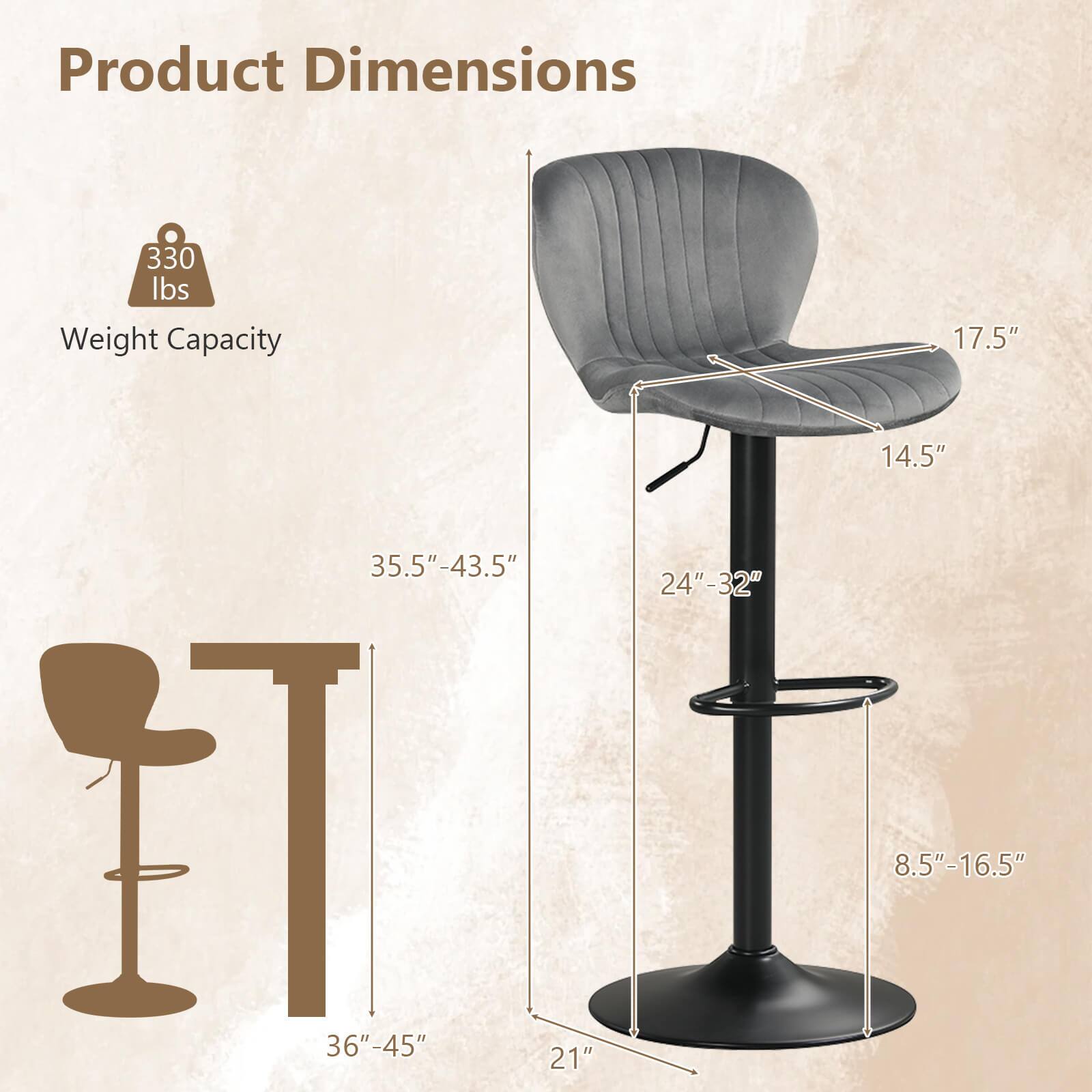 Product Dimensions  
Weight Capacity: 330 lbs  
17.5"  
14.5"  
35.5"-43.5"  
24"-32"  
8.5"-16.5"  
36"-45"  
21"