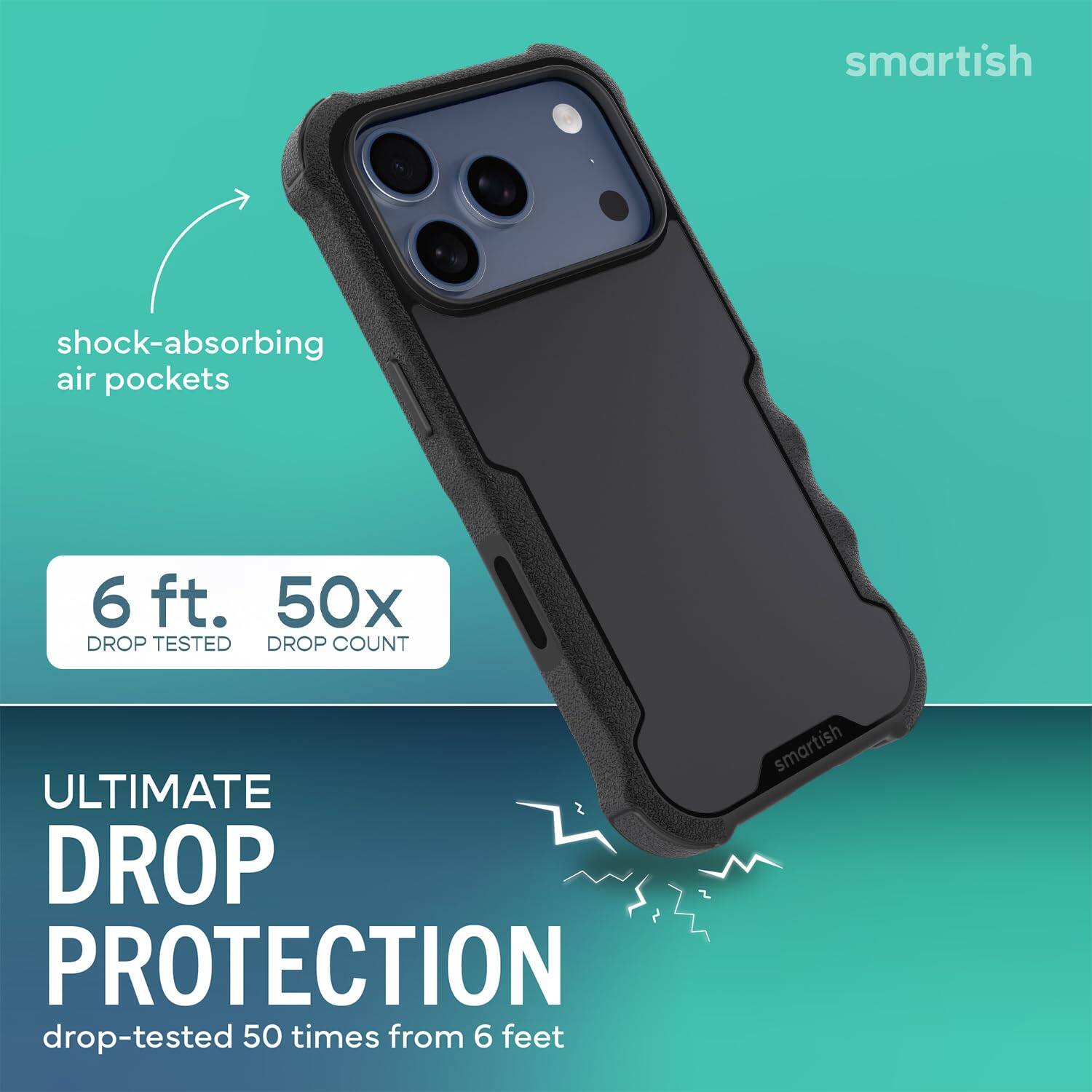 smartish

shock-absorbing air pockets

6 ft. 50x DROP TESTED DROP COUNT

ULTIMATE DROP PROTECTION drop-tested 50 times from 6 feet

smartish