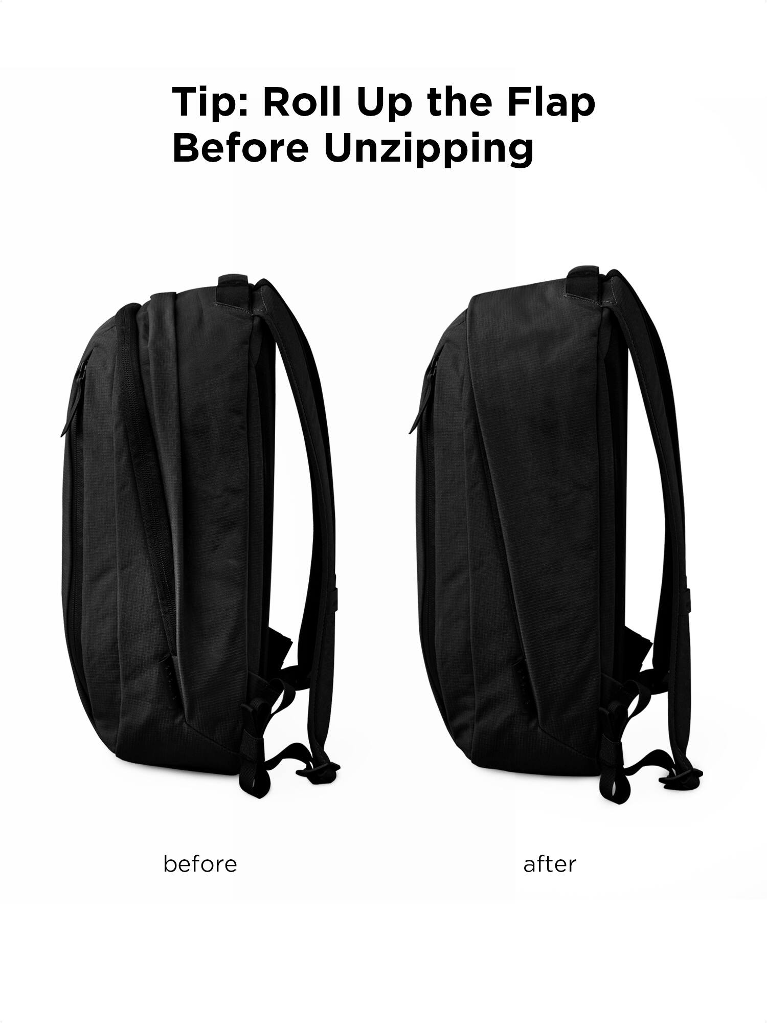 Tip: Roll Up the Flap Before Unzipping

before

after