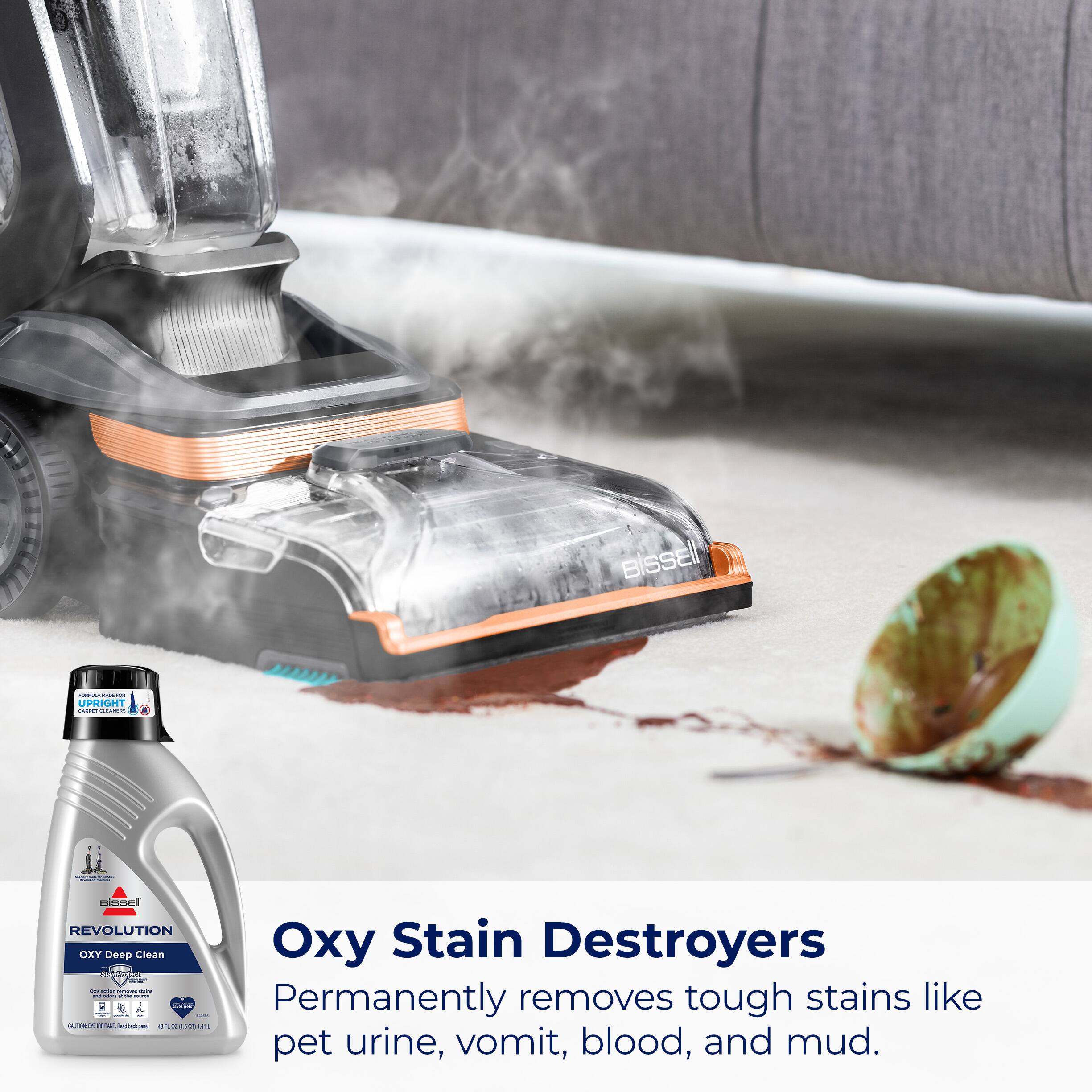 Biossel ad Upright Revolutionary Deep Clean Stain Destroyers: Permanently removes tough stains like pet urine, vomit, blood, and mud.