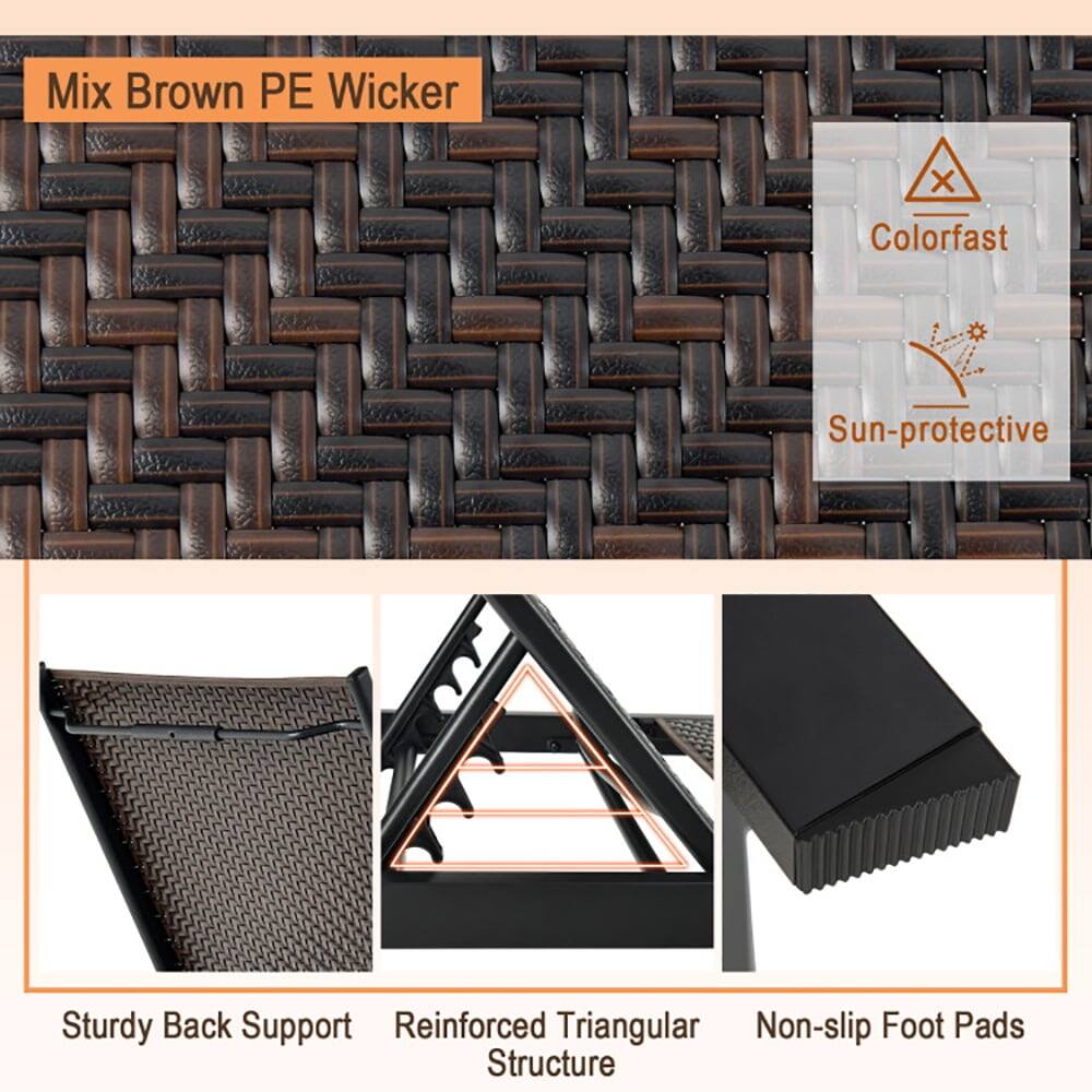 Mix Brown PE Wicker  
Colorfast  
Sun-protective  

Sturdy Back Support  
Reinforced Triangular Structure  
Non-slip Foot Pads