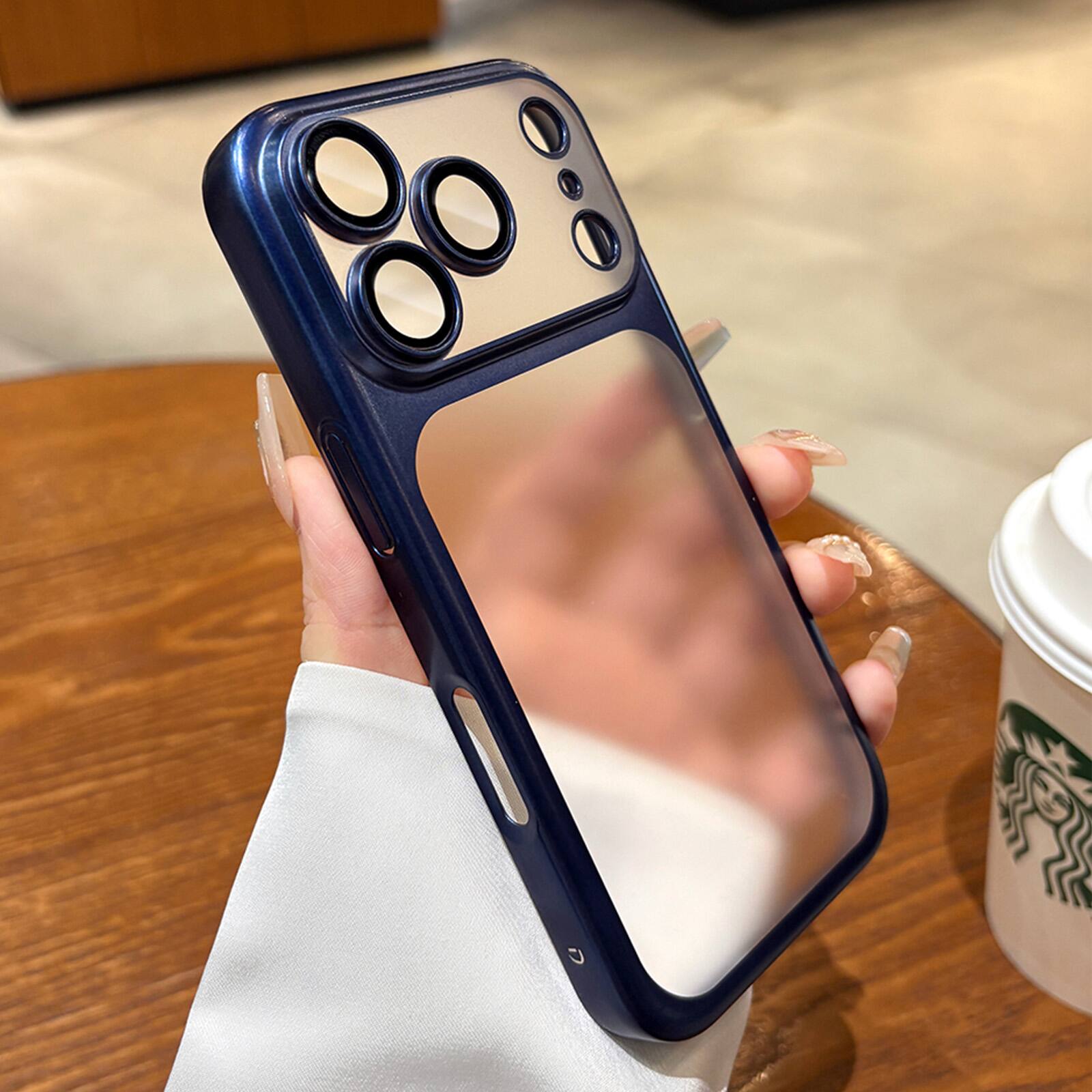 Left. Dteck - Plating Matte Case For iPhone 18 Pro Max with Camera Lens Screen Protector, Shockproof Frosted Translucent Cover - Blue.