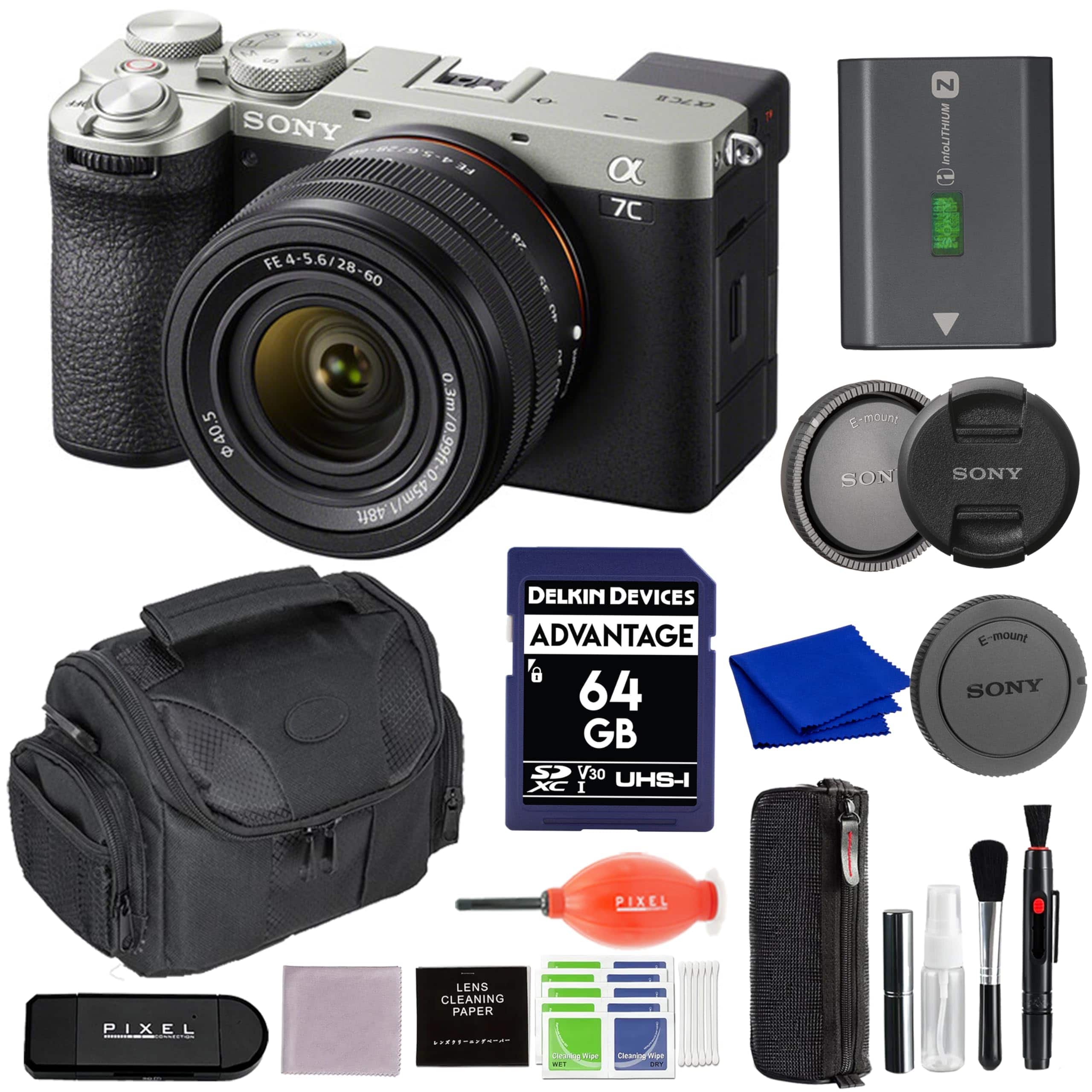 Sony - Alpha 7C II Full-Frame Camera with 28-60mm Lens (Silver) Bundle with 64GB SD Card, Gadget Bag & More