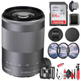 Canon - EF-M 55-200mm f/4.5-6.3 IS STM Lens (Silver) (1122C002) + 64GB Card - Bundle - Black