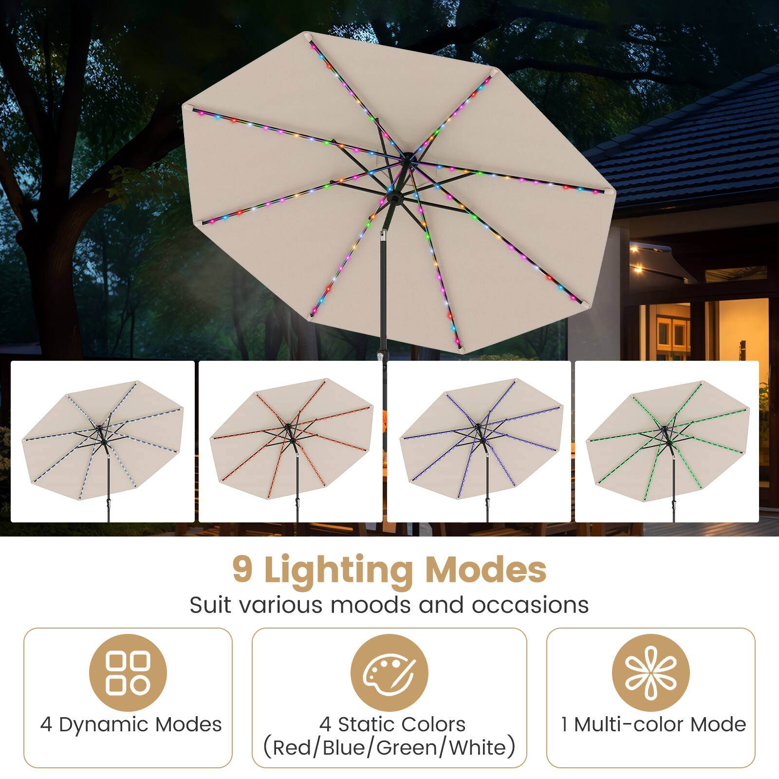9 Lighting Modes  
Suit various moods and occasions  

4 Dynamic Modes  
4 Static Colors (Red/Blue/Green/White)  
1 Multi-color Mode