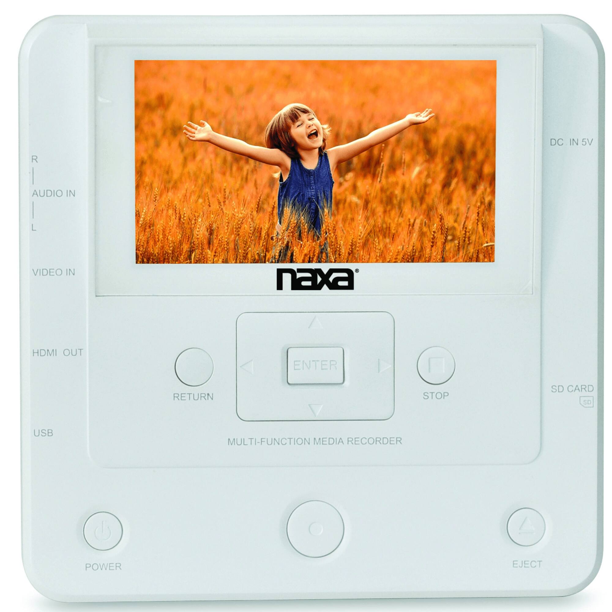 DC IN 5V  
R AUDIO IN L  
VIDEO IN  
naxa  
HDMI OUT  
ENTER RETURN STOP  
SD CARD  
USB  
POWER EJECT  
MULTI-FUNCTION MEDIA RECORDER