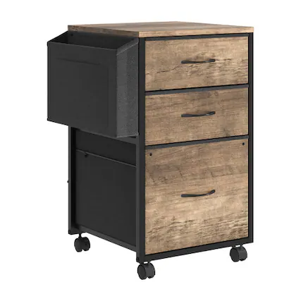 Front. Winado - Mobile Wood 3-Drawer Rolling Organizer File Cabinet with with 3 Fabric Drawers, Side Bag Under-Desk Storage for Office - Rustic Gray.