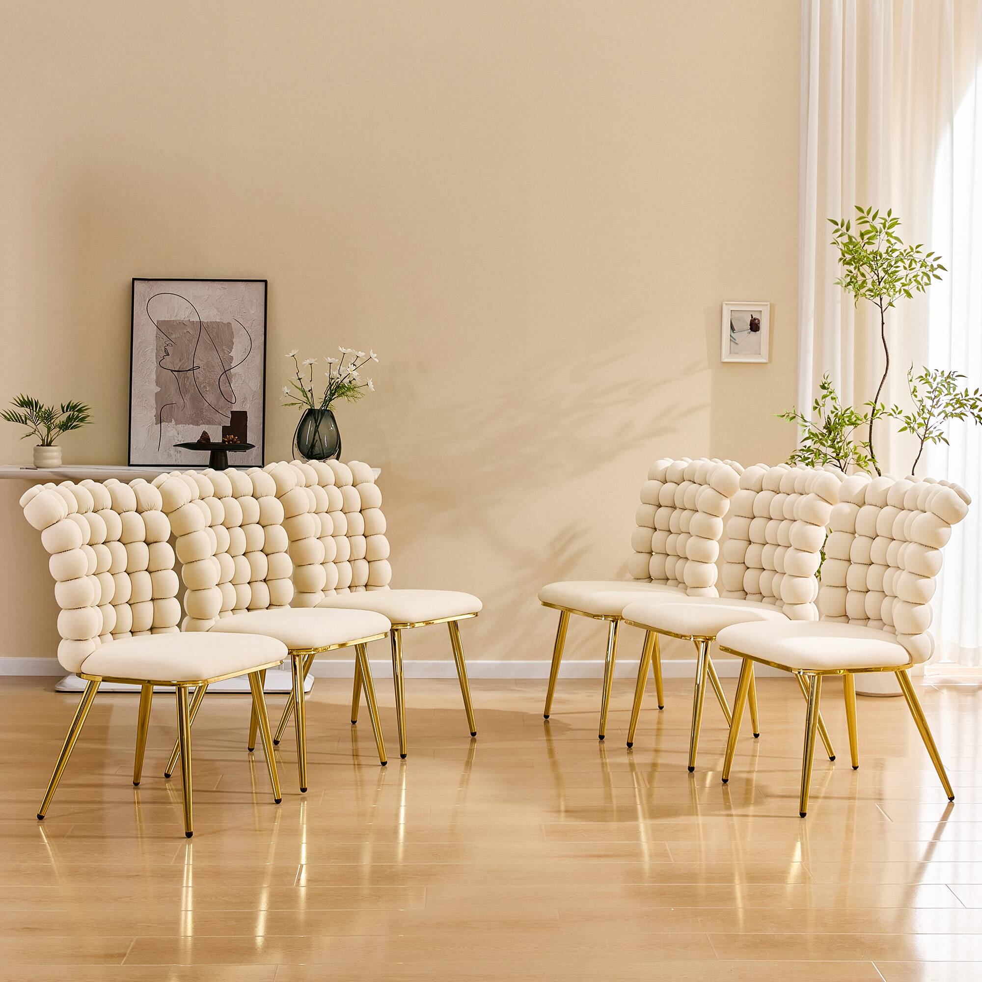 Alt View 1. Loheer - Loheer Cream Dining Chairs 3.0 ft Tufted Velvet Accent Chair with Gold Metal Legs, Bubble Back Side Chair - Beige,Gold.