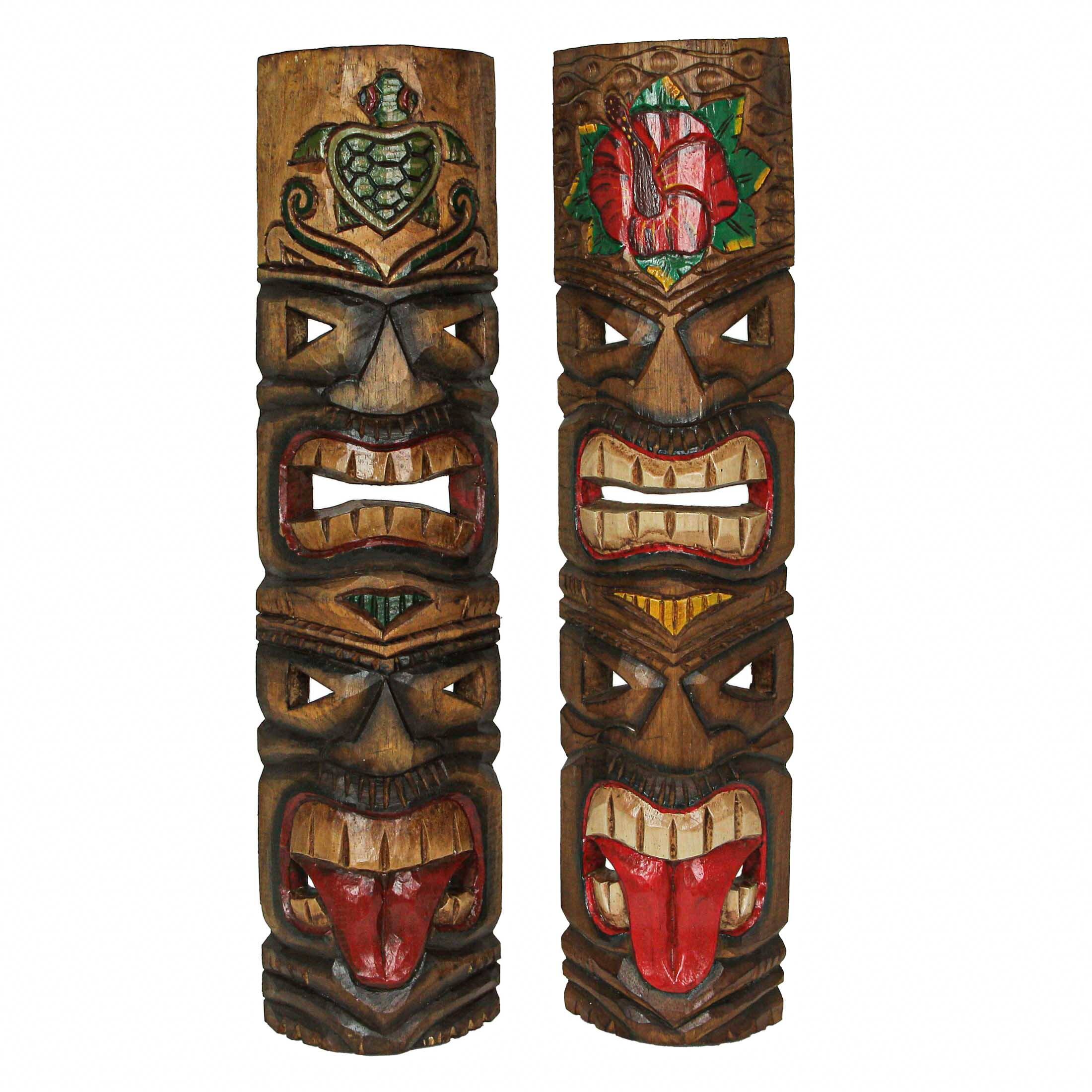 Alt View 2. Zeckos - Set of 5 Double Tiki Mask Totem Wall Decor Hand Carved Tribal Sculpture 24 Inch - Multicolored.