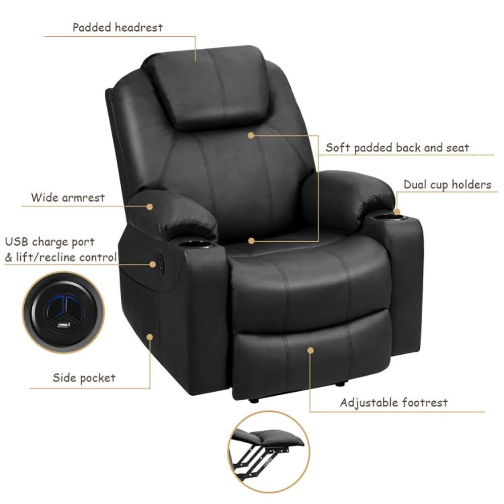 - Padded headrest
- Soft padded back and seat
- Wide armrest
- Dual cup holders
- USB charge port & lift/recline control
- Side pocket
- Adjustable footrest