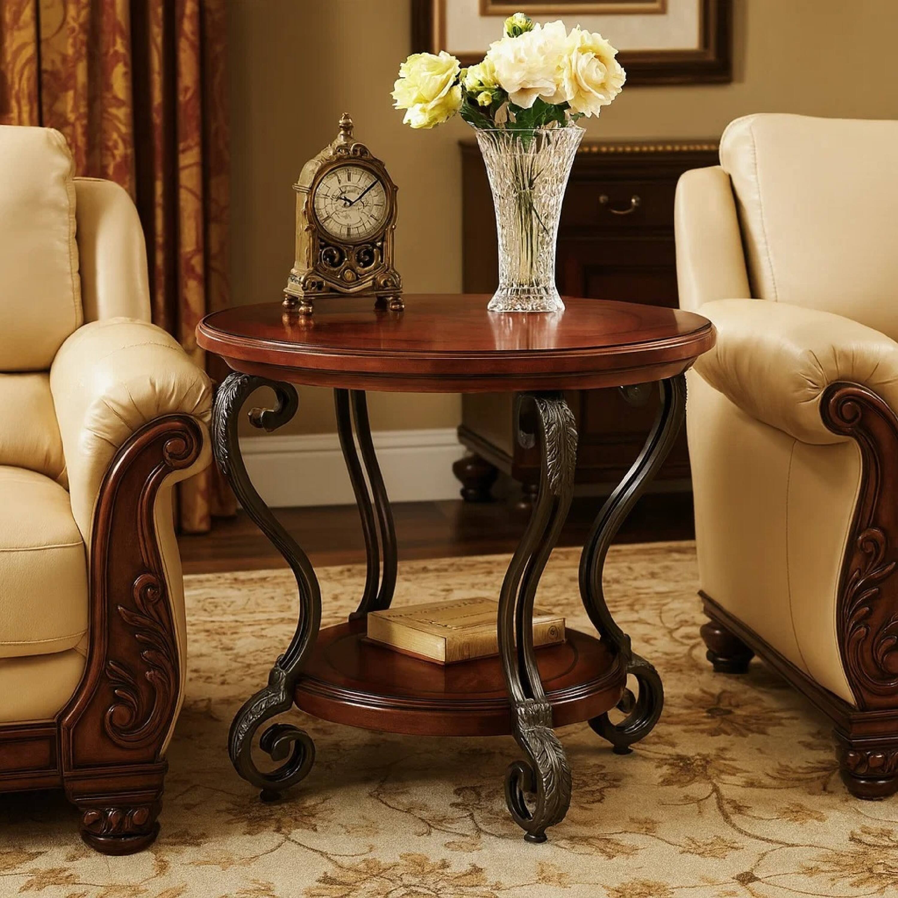 Alt View 5. Manhattan Lane - Round Wood and Metal End Table with Scroll Details, Brown - Brown.