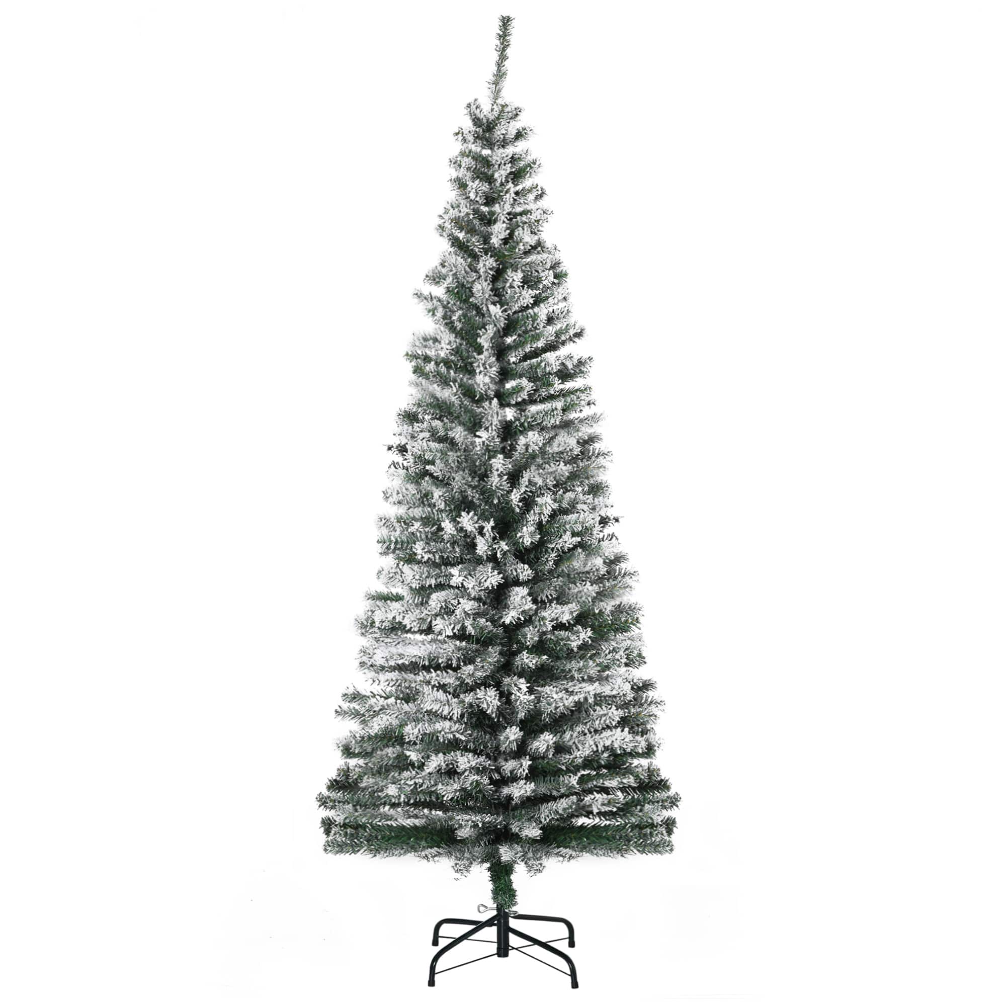 Homcom - 6' Tall Unlit Snow-Flocked Slim Artificial Christmas Tree with Realistic Branches and 492 Tips - Green