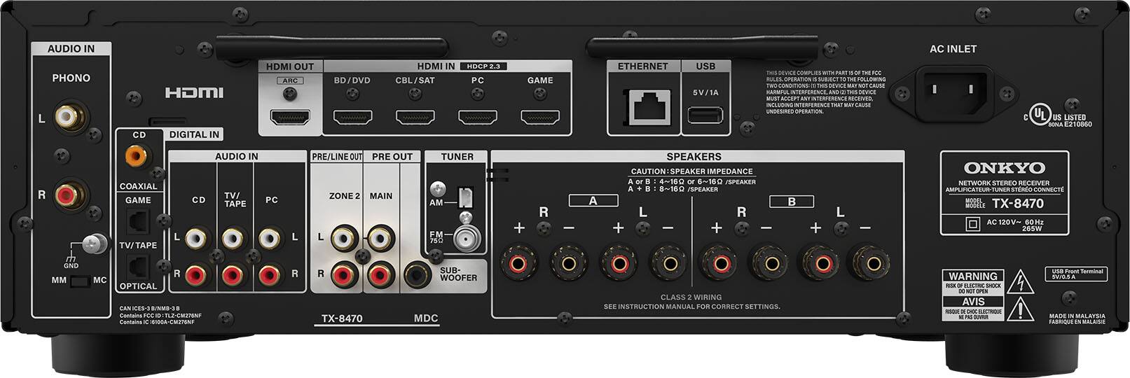 The image shows a back view of an Onkyo network receiver amplifier. The device has a variety of connections, including HDMI in and out, AC inlet, phono, and digital in and out. It also features a tuner, a sub-woofer, and a USB port. The device is designed to comply with FCC rules and regulations, and it is important to follow the instructions in the manual for correct settings. The Onkyo network receiver amplifier is an audio-video device that provides a range of connectivity options for users to enjoy their entertainment experience.