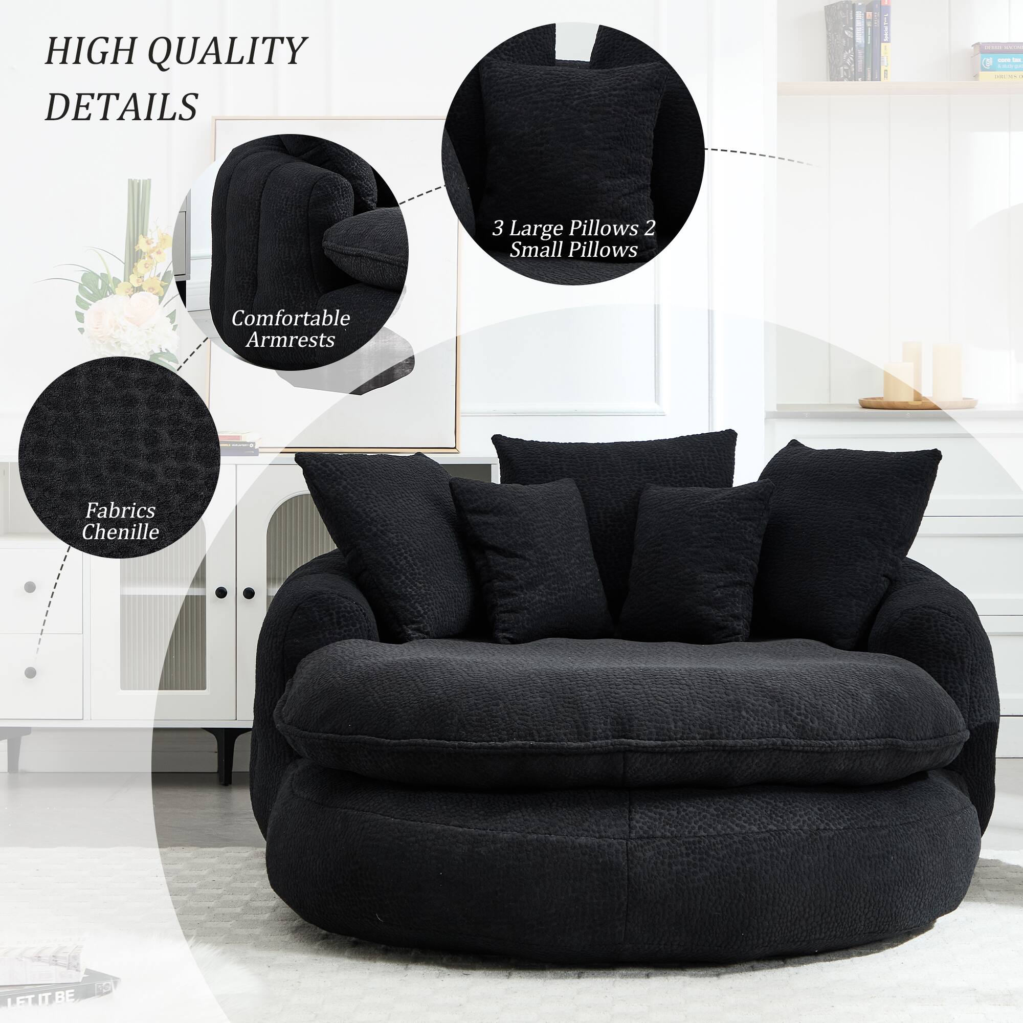 HIGH QUALITY DETAILS

- 3 Large Pillows
- 2 Small Pillows
- Comfortable Armrests
- Fabrics Chenille

LET IT BE