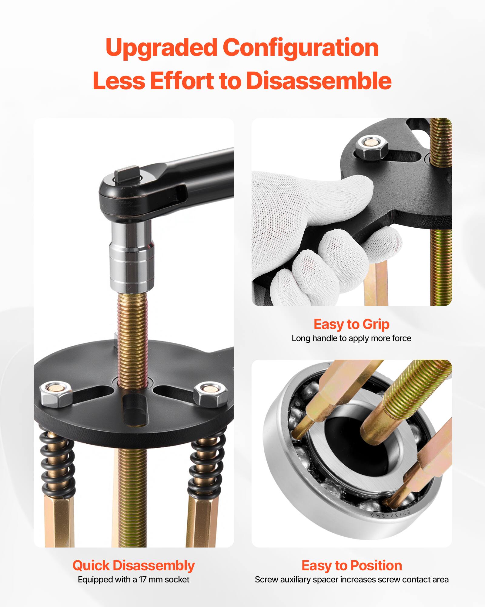 Upgraded Configuration  
Less Effort to Disassemble  

Easy to Grip  
Long handle to apply more force  

Quick Disassembly  
Equipped with a 17 mm socket  

Easy to Position  
Screw auxiliary spacer increases screw contact area