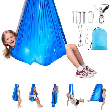 Front. VEVOR - Sensory Swing, Double-Layer Fabric Sensorys Hammock, Indoor & Outdoor Sensory Swing with 360° Swivel Hanger, O-Sling - Mixed Blue.