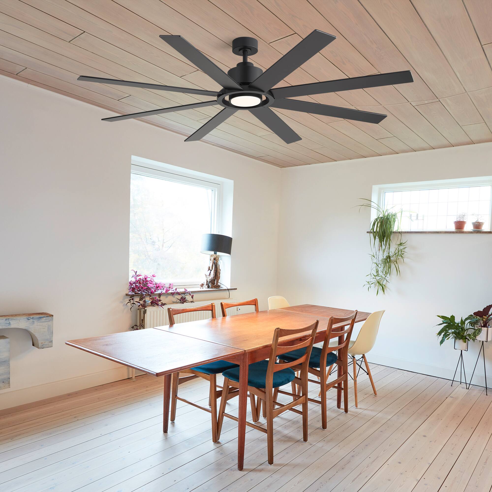 Back. Breezary - 72-Inch Modern Ceiling Fan, Dimmable LED, 8 Plywood Blades, Efficient DC Motor, 6 Speeds, Timer, Remote - All Black.