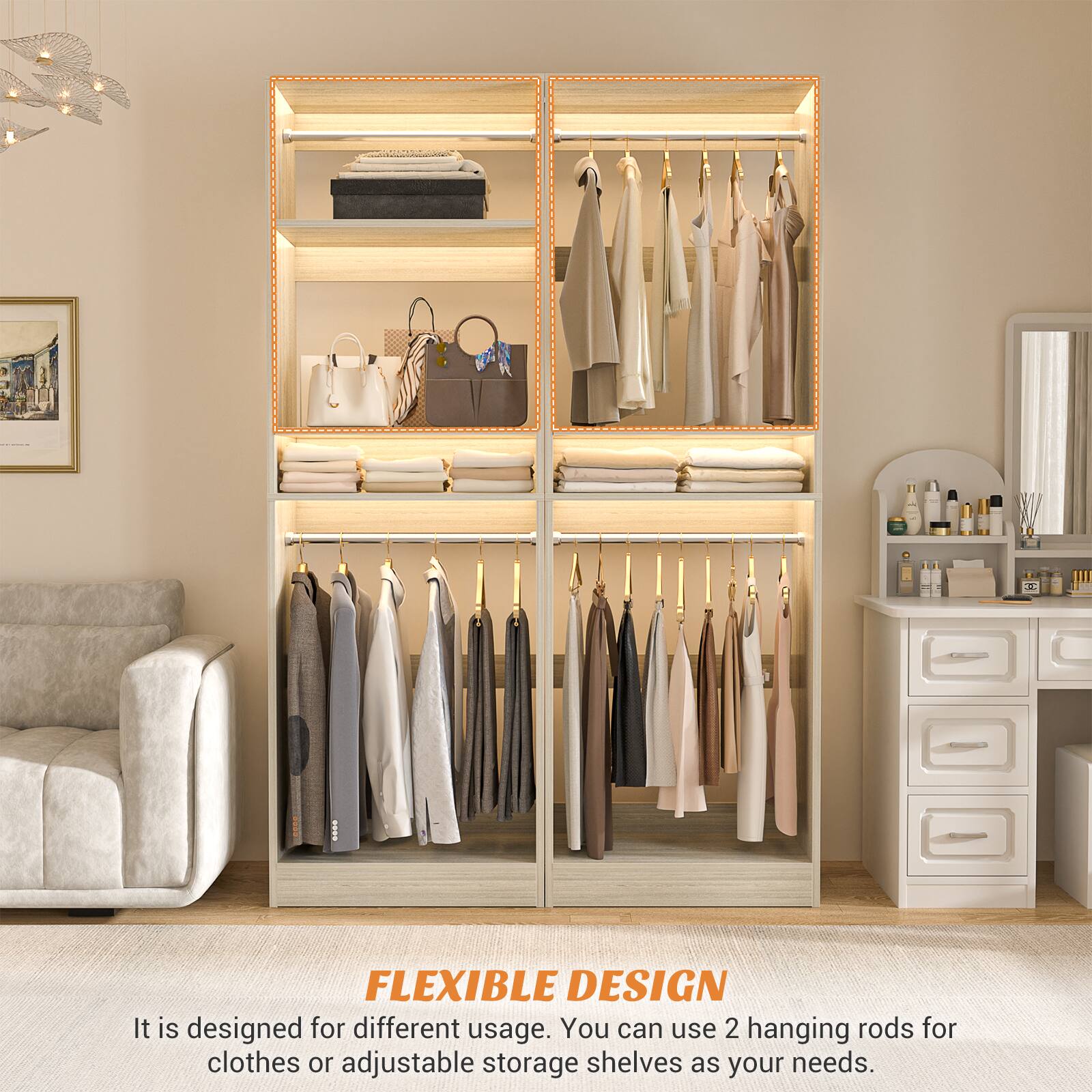 FLEXIBLE DESIGN  
It is designed for different usage. You can use 2 hanging rods for clothes or adjustable storage shelves as your needs.