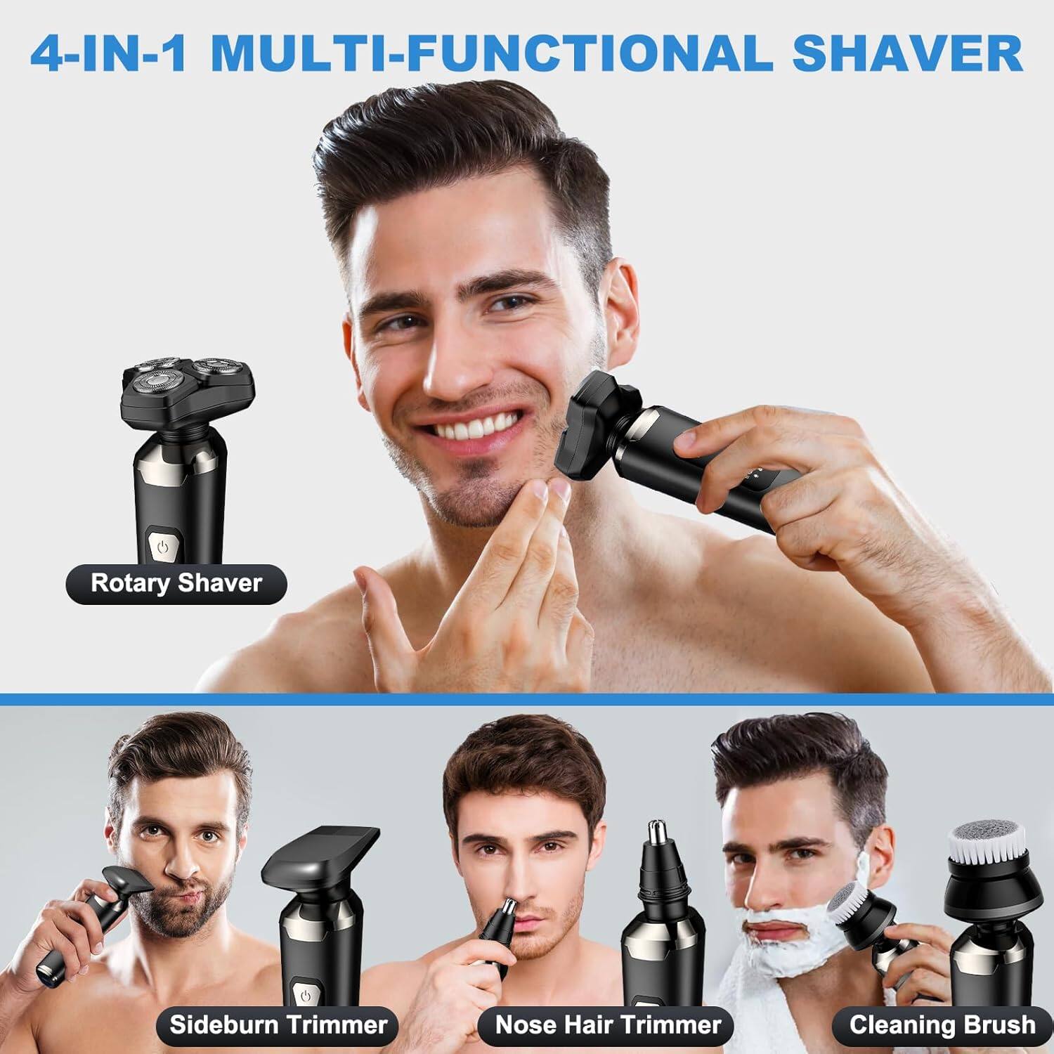 4-IN-1 MULTI-FUNCTIONAL SHAVER

- Rotary Shaver
- Sideburn Trimmer
- Nose Hair Trimmer
- Cleaning Brush