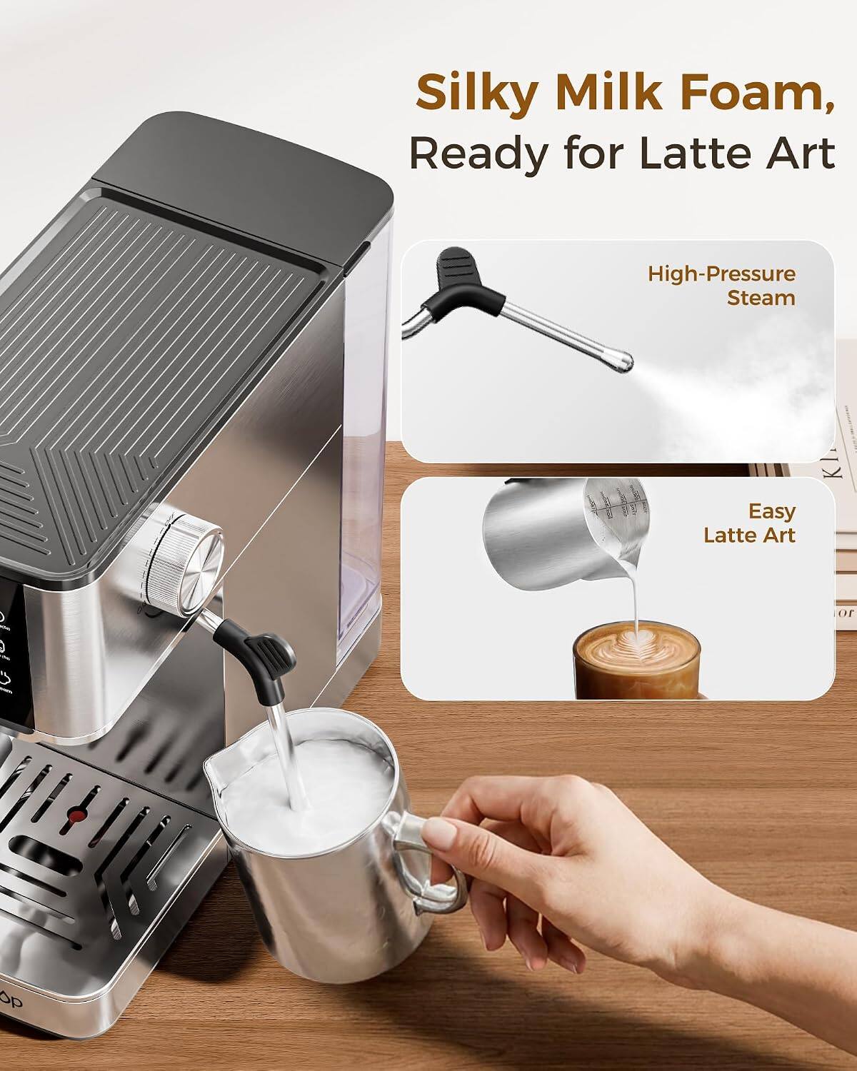 Silky Milk Foam, Ready for Latte Art

High-Pressure Steam

Easy Latte Art