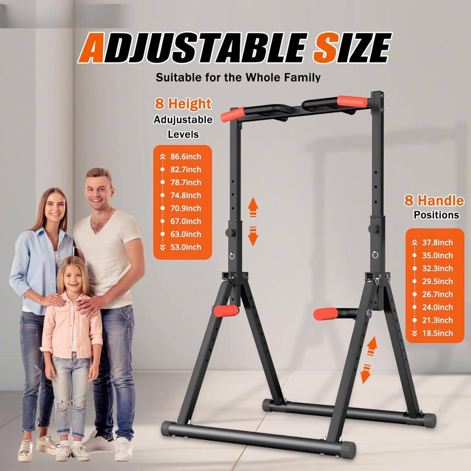 ADJUSTABLE SIZE  
Suitable for the Whole Family  

8 Height Adjustable Levels  
- 86.6 inch  
- 82.7 inch  
- 78.7 inch  
- 74.8 inch  
- 70.9 inch  
- 67.0 inch  
- 63.0 inch  
- 53.0 inch  

8 Handle Positions  
- 37.8 inch  
- 35.0 inch  
- 32.3 inch  
- 29.5 inch  
- 26.7 inch  
- 24.0 inch  
- 21.3 inch  
- 18.5 inch