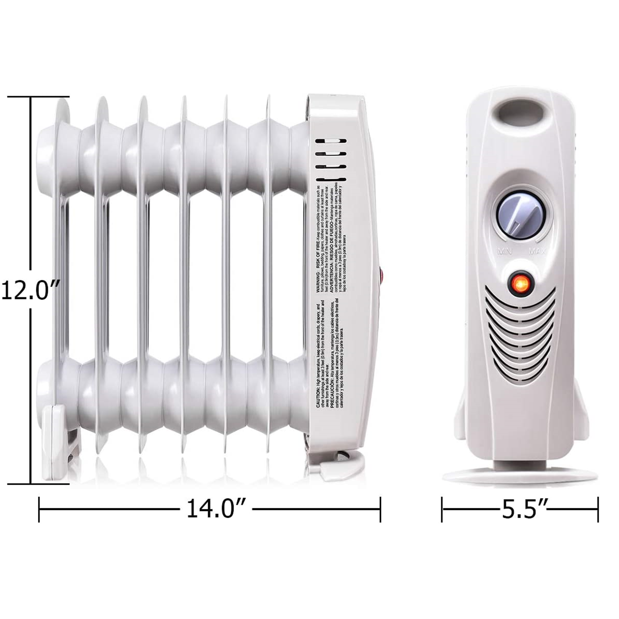 Sure, here is the corrected and grouped text from the image:

---

**Dimensions:**
- Length: 14.0"
- Width: 12.0"
- Height: 5.5"

**Warning and Caution Text:**
- (Text is too small to read clearly, but it appears to be standard safety and usage instructions typically found on appliances.)

**Control Panel:**
- MIN
- MAX

---