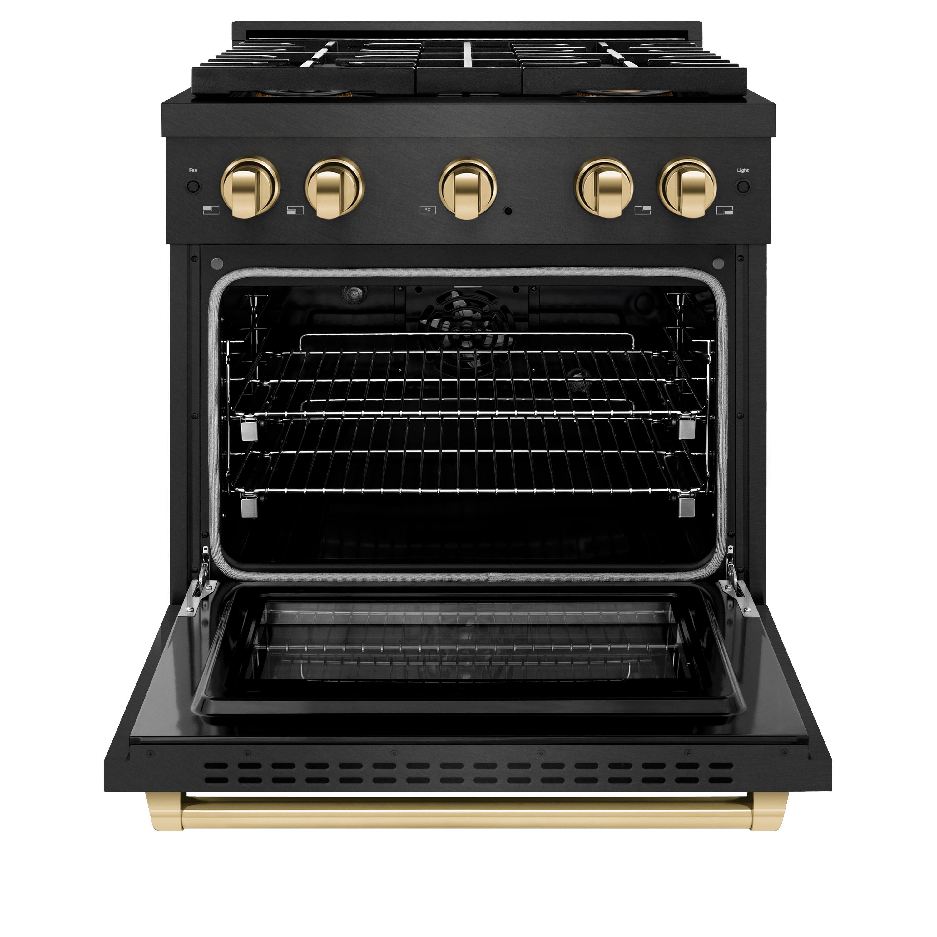 Angle. ZLINE - ZLINE Autograph 30 in. 4.2 cu. ft. Freestanding Paramount DuoPro Dual Fuel Range in Black Satin Steel and Gold Accents - Black Satin Stainless Steel.