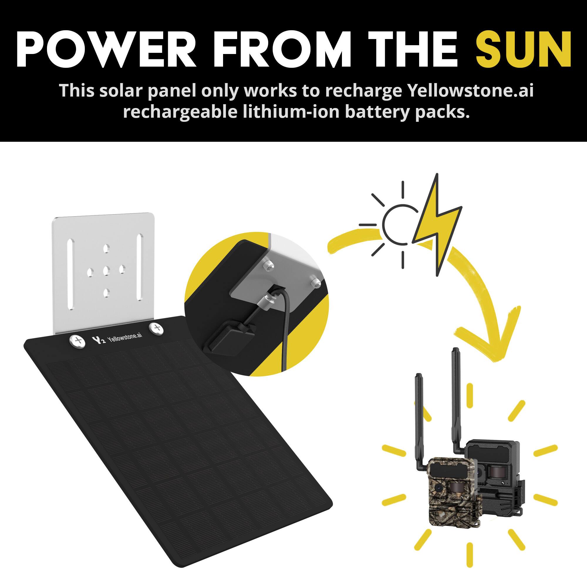 POWER FROM THE SUN

This solar panel only works to recharge Yellowstone.ai rechargeable lithium-ion battery packs.