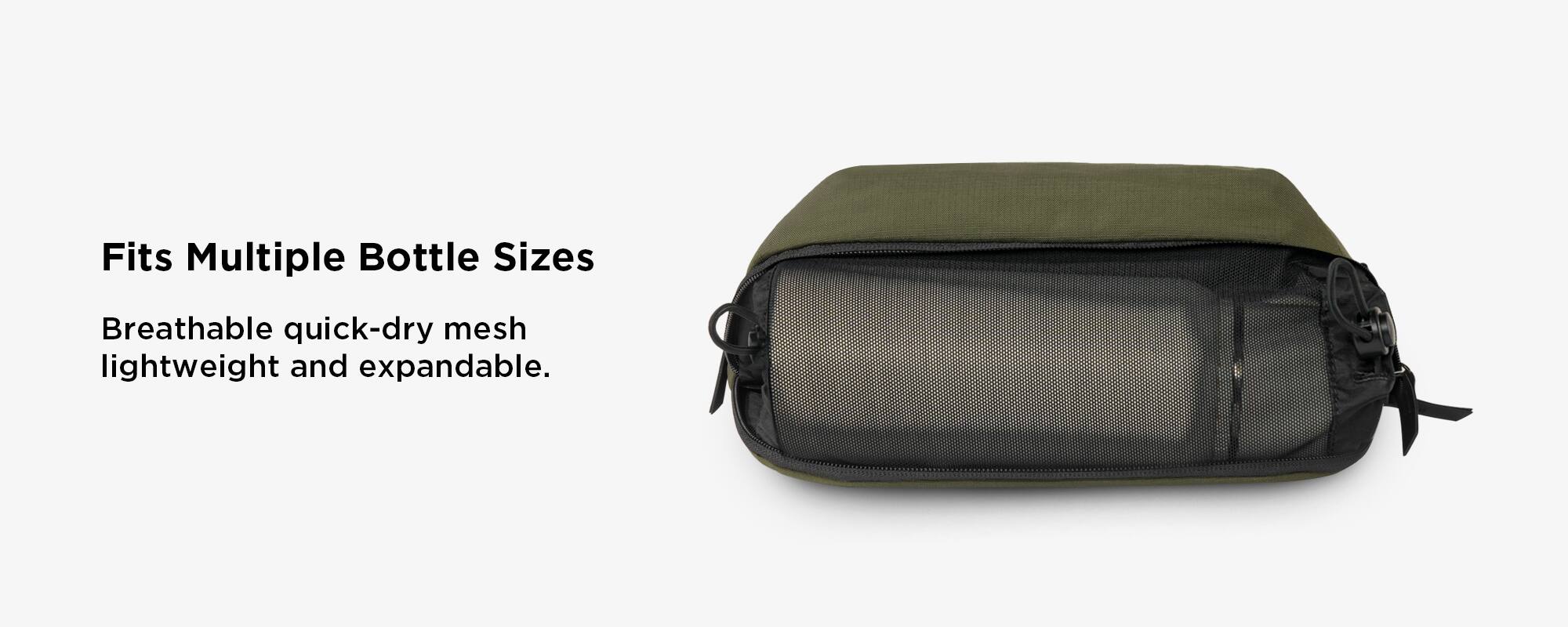Fits Multiple Bottle Sizes  
Breathable quick-dry mesh lightweight and expandable.