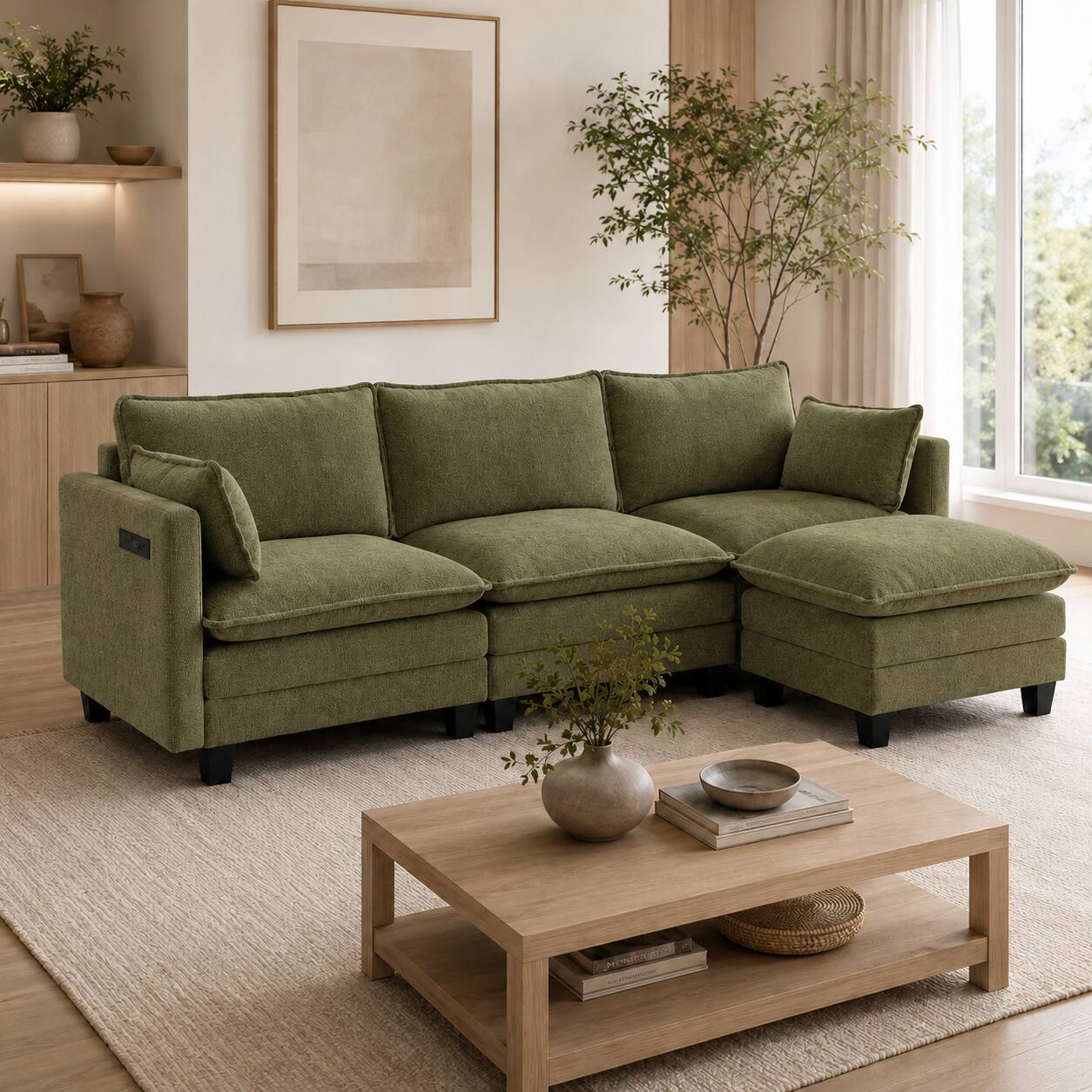 Left. Anysun - Modern Chenille 3-Seat Couch with Matching Ottoman, Built-in USB Ports and Side Pockets - Antique Light Green.