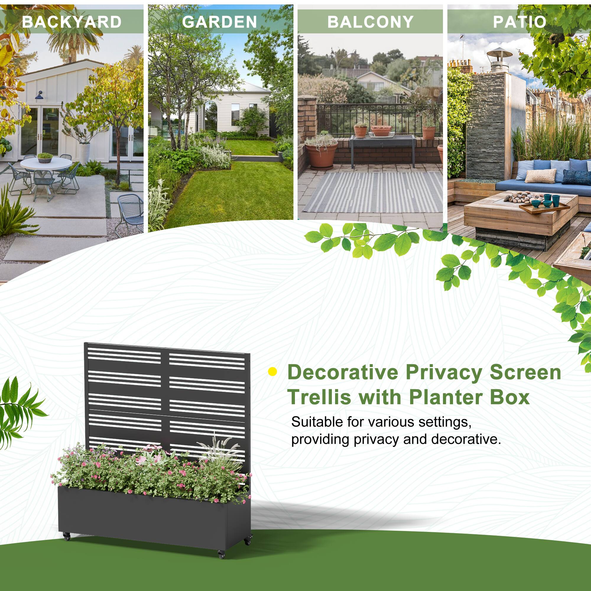 BACKYARD  
GARDEN  
BALCONY  
PATIO  

Decorative Privacy Screen Trellis with Planter Box  
Suitable for various settings, providing privacy and decorative.