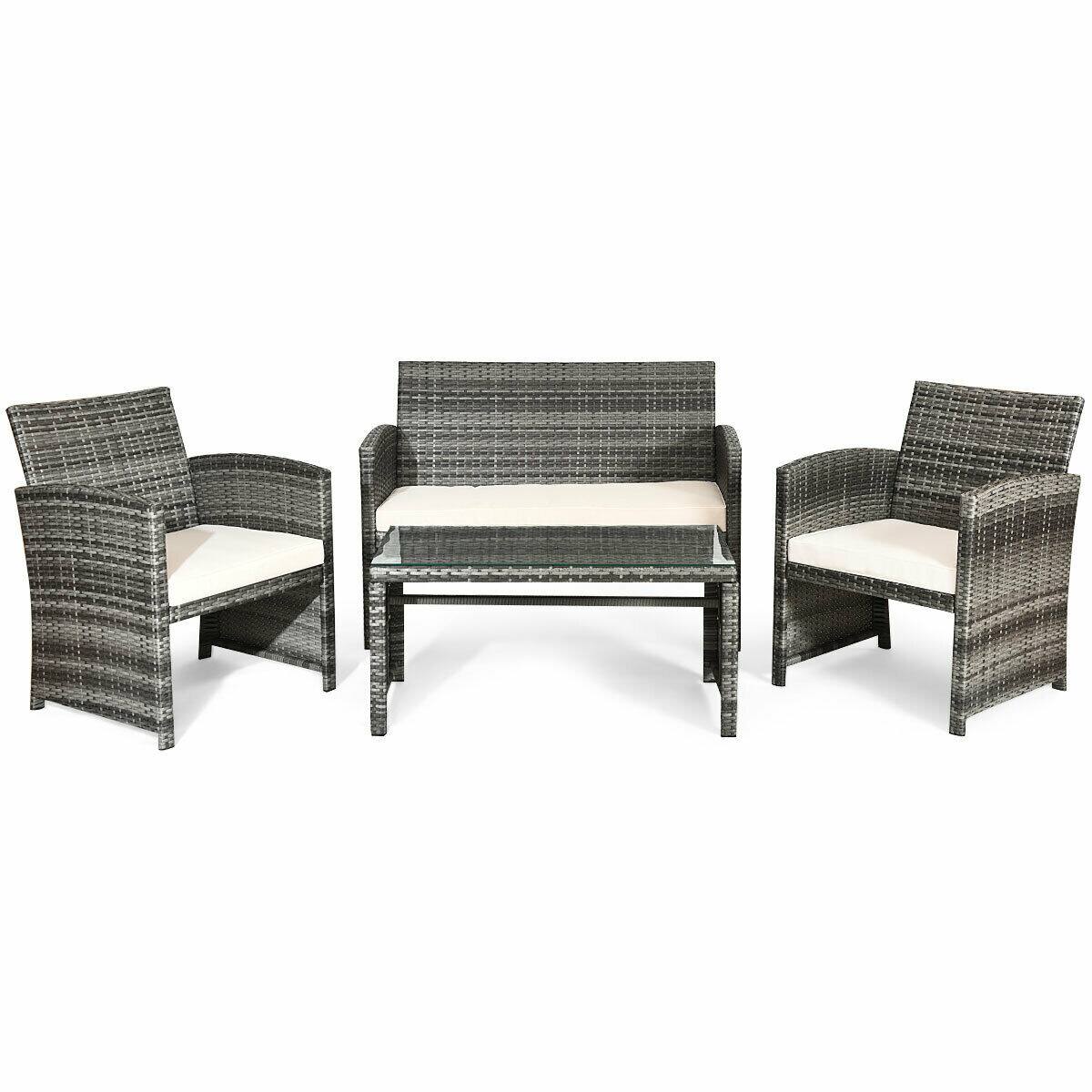 Alt View 1. Gymax - Gymax 4PCS Patio Outdoor Rattan Conversation Furniture Set w/ Beige Cushion - Beige.