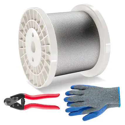 Front. VEVOR - Wire Rope Kit, 1/8" 600 ft 316 Stainless Steel Cable with Cutter and Gloves, 1600 lbs Breaking Strength - Silver.