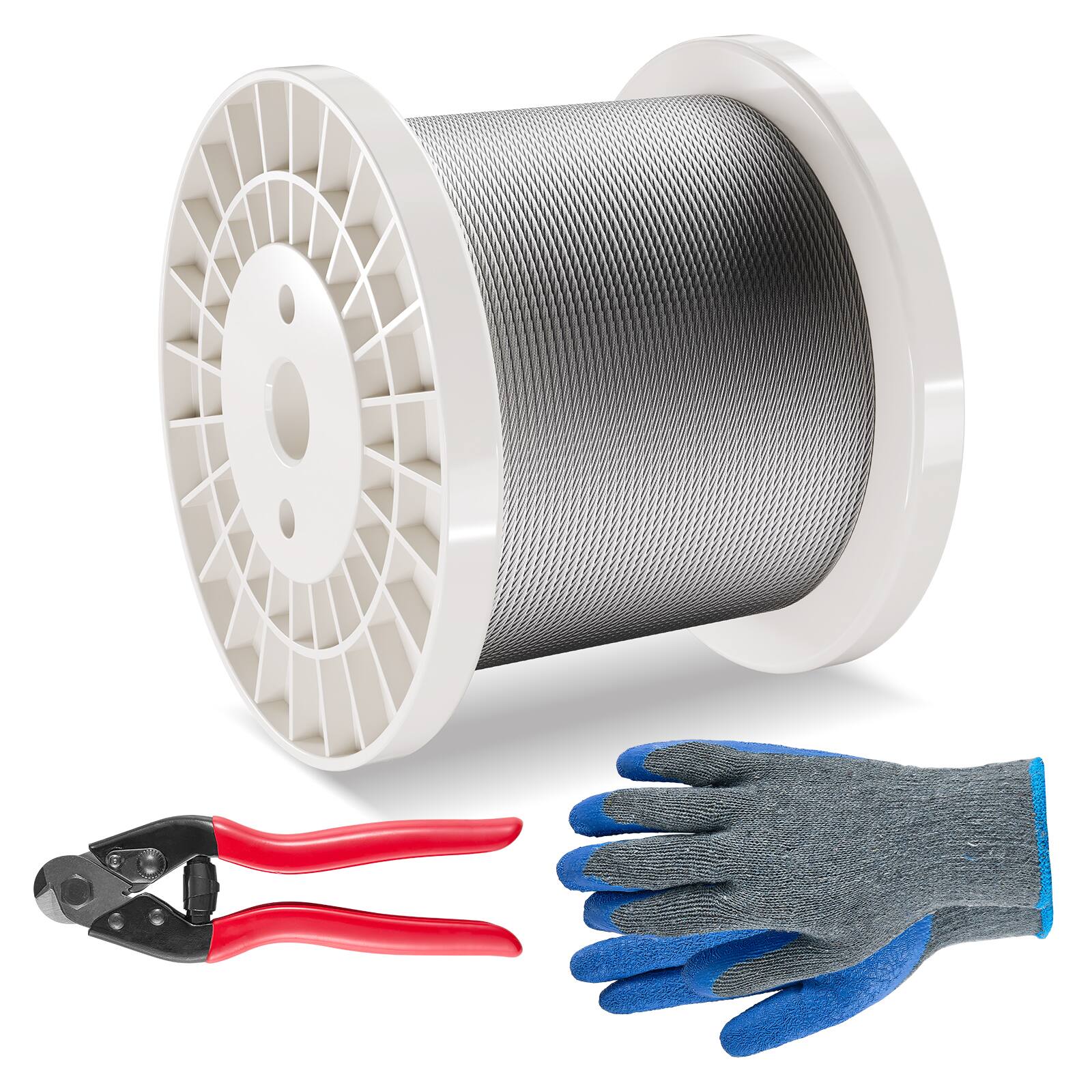Front. VEVOR - Wire Rope Kit, 1/8" 600 ft 316 Stainless Steel Cable with Cutter and Gloves, 1600 lbs Breaking Strength - Silver.