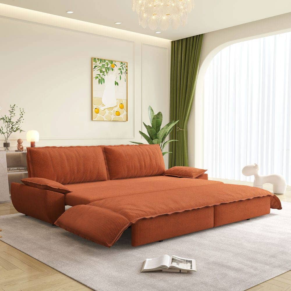 Kadyn - 73.2" Queen Pull Out Sofa Bed, 3-in-1 Convertible Sleeper Sofa, Corduroy Loveseat Bed - Orange