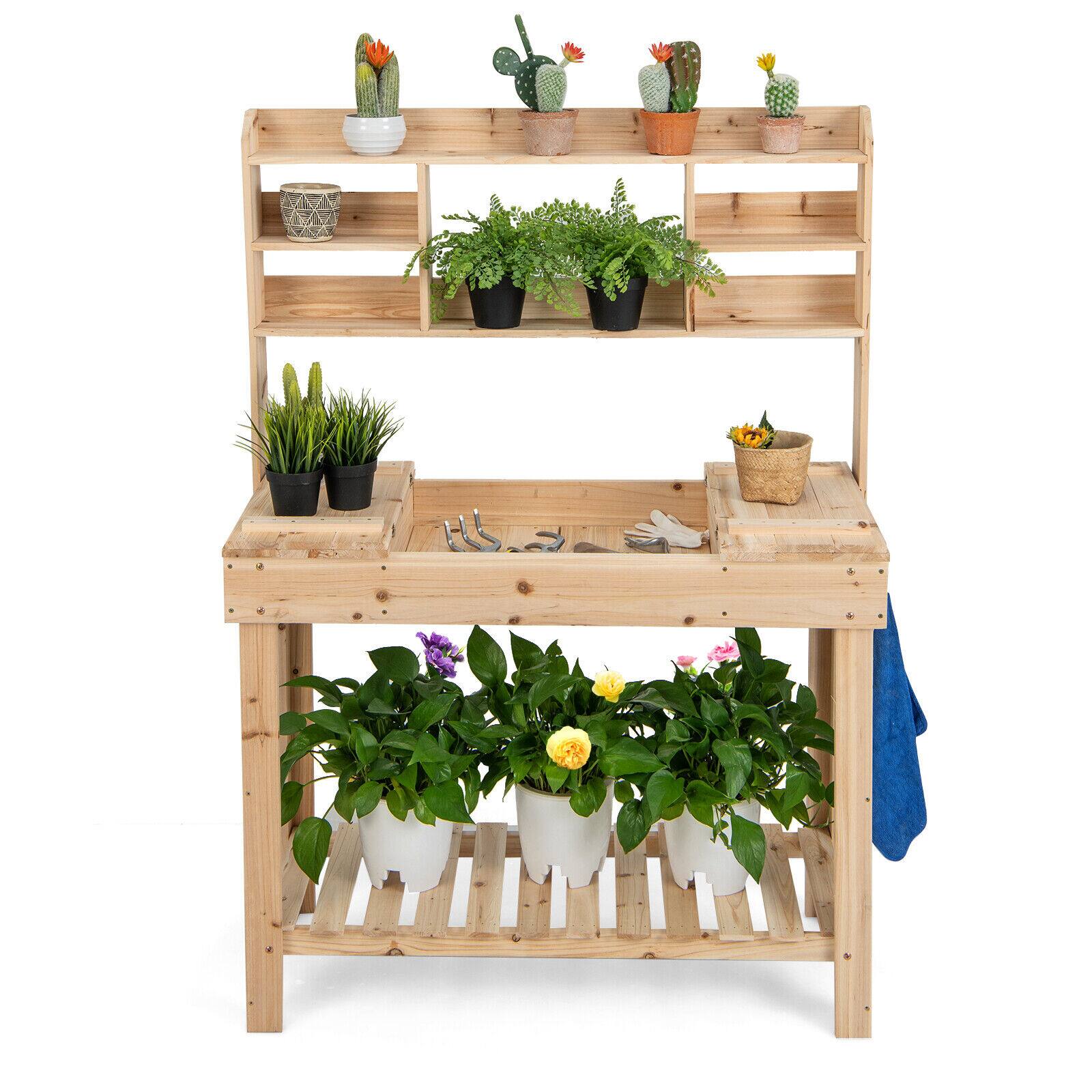 Back. SlickBlue - Large Garden Potting Bench with Display Rack and Hidden Sink for Outdoor Use - Natural.