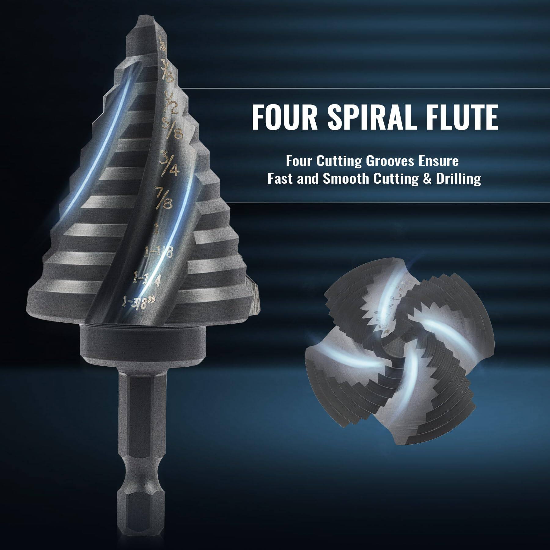 12 18 3/4 7/ M 1-1/8 1-1/4 4 1-3/8" FOUR SPIRAL FLUTE  
Four Cutting Grooves Ensure Fast and Smooth Cutting & Drilling