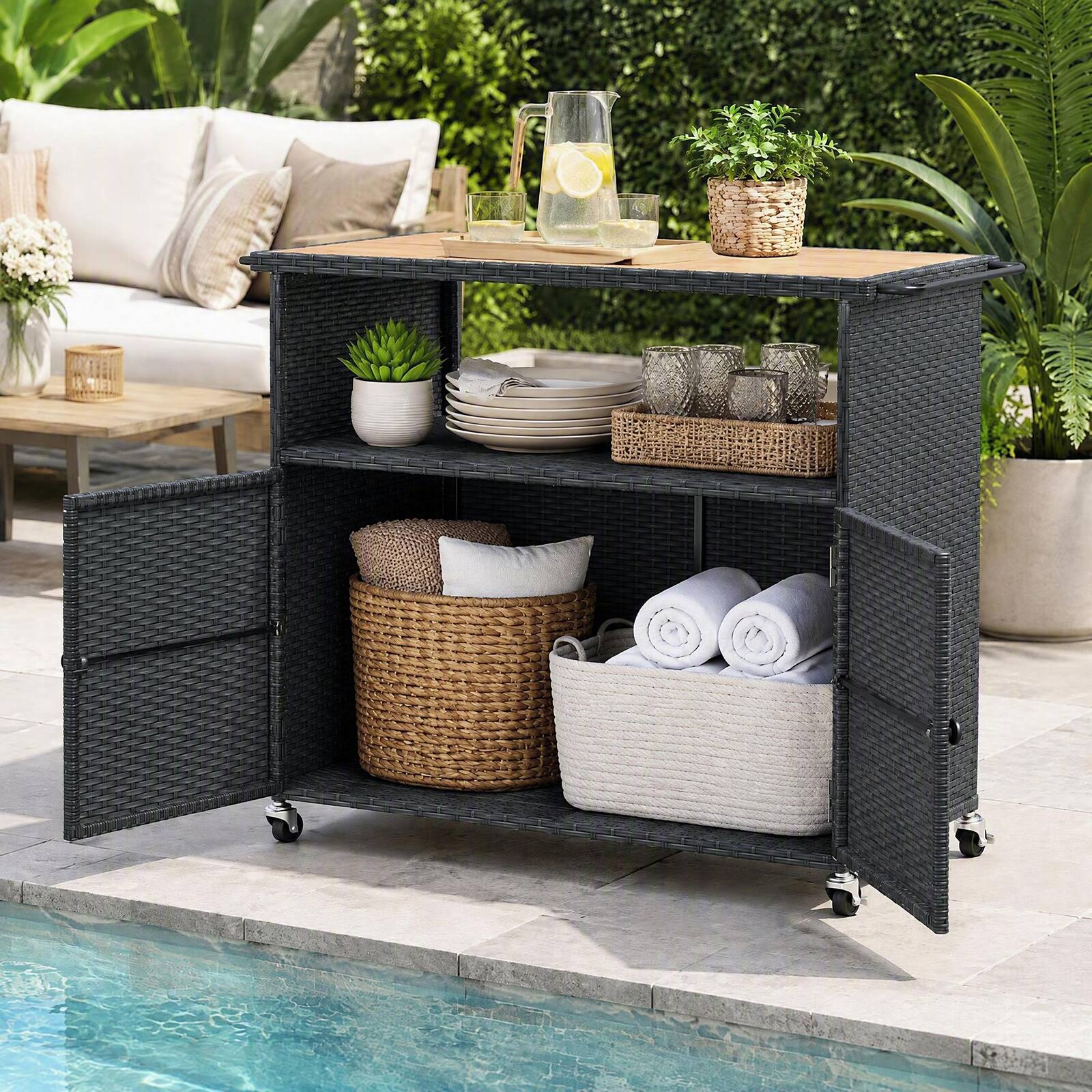 Alt View 4. Costway - Costway Outdoor Storage Cabinet with Acacia Wood Top 2 Doors Buffet Cabinet Sideboard - Black.