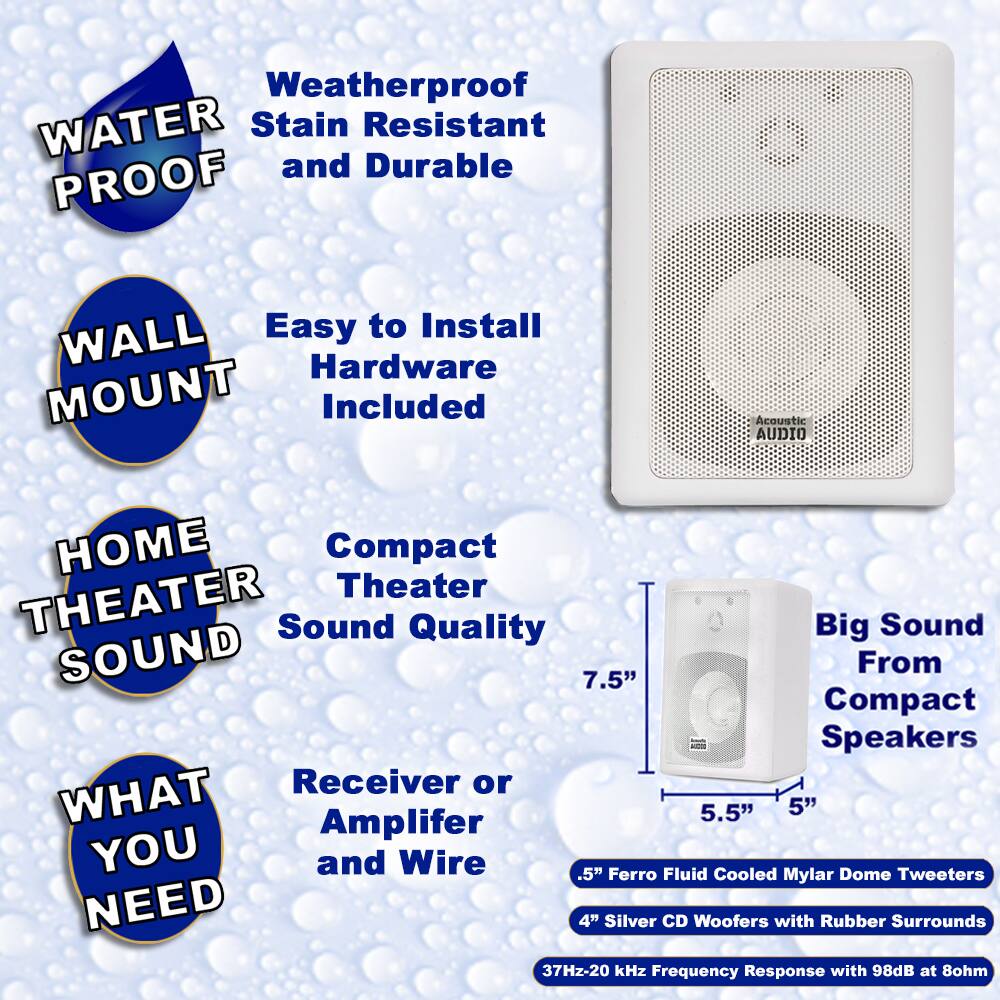 - **WATER PROOF**
  - Weatherproof
  - Stain Resistant
  - and Durable

- **WALL MOUNT**
  - Easy to Install
  - Hardware Included

- **HOME THEATER SOUND**
  - Compact Theater
  - Sound Quality

- **WHAT YOU NEED**
  - Receiver or Amplifier
  - and Wire

- **Big Sound From Compact Speakers**
  - 7.5"
  - 5.5"
  - 5"
  - .5" Ferro Fluid Cooled Mylar Dome Tweeters
  - 4" Silver CD Woofers with Rubber Surrounds
  - 37Hz-20 kHz Frequency Response with 98dB at 8ohm