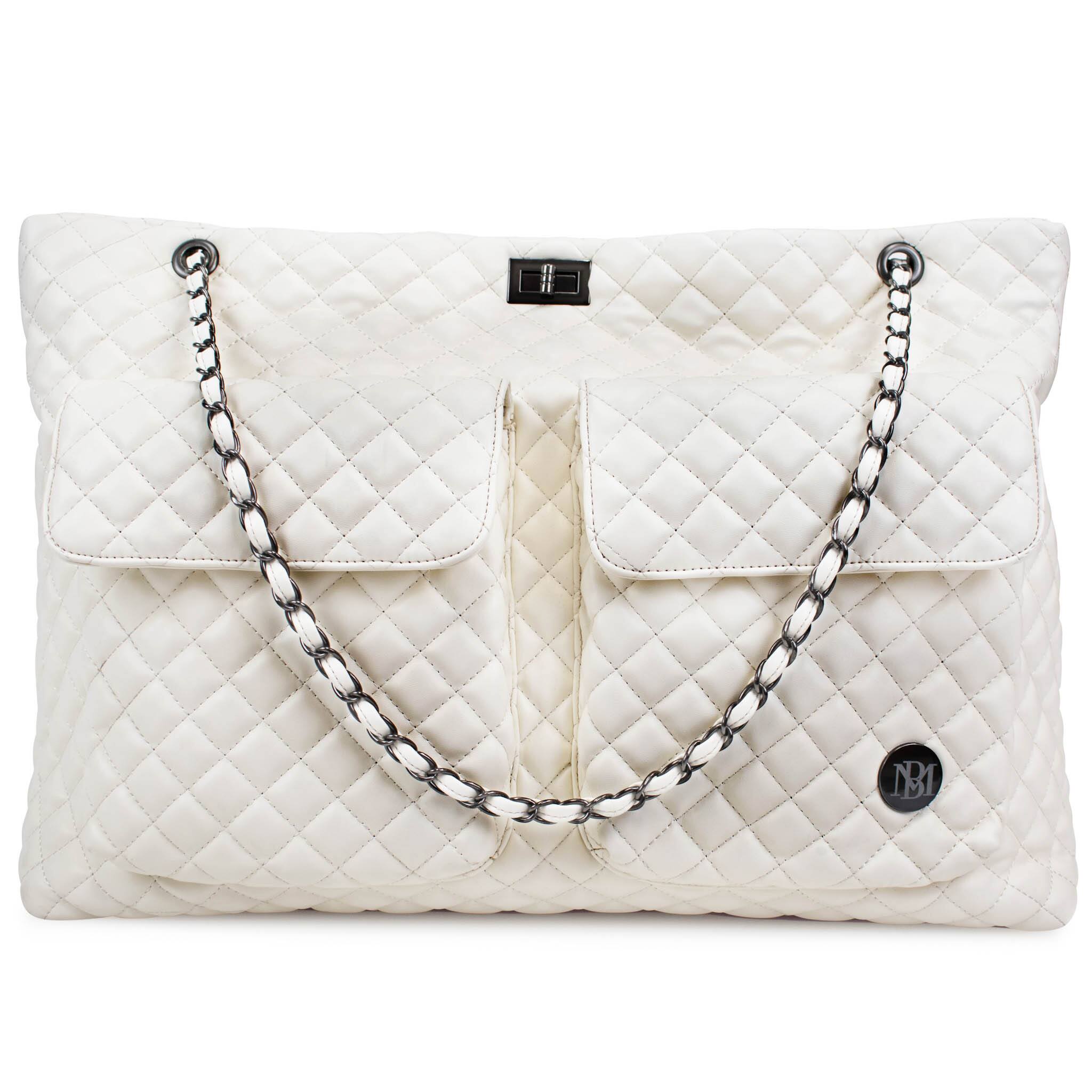 Front. Badgley Mischka - BADGLEY MISCHKA Diana XL Quilted Vegan Leather Weekender Duffel Bag | Cream - Cream.