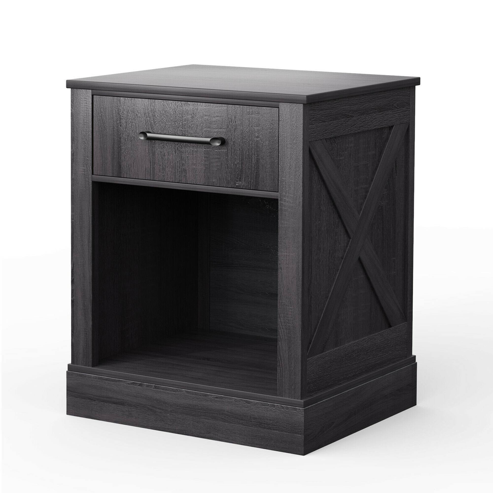 Costway - Nightstand with Drawer and Shelf Rustic Wooden Bedside Table Bedroom - Black