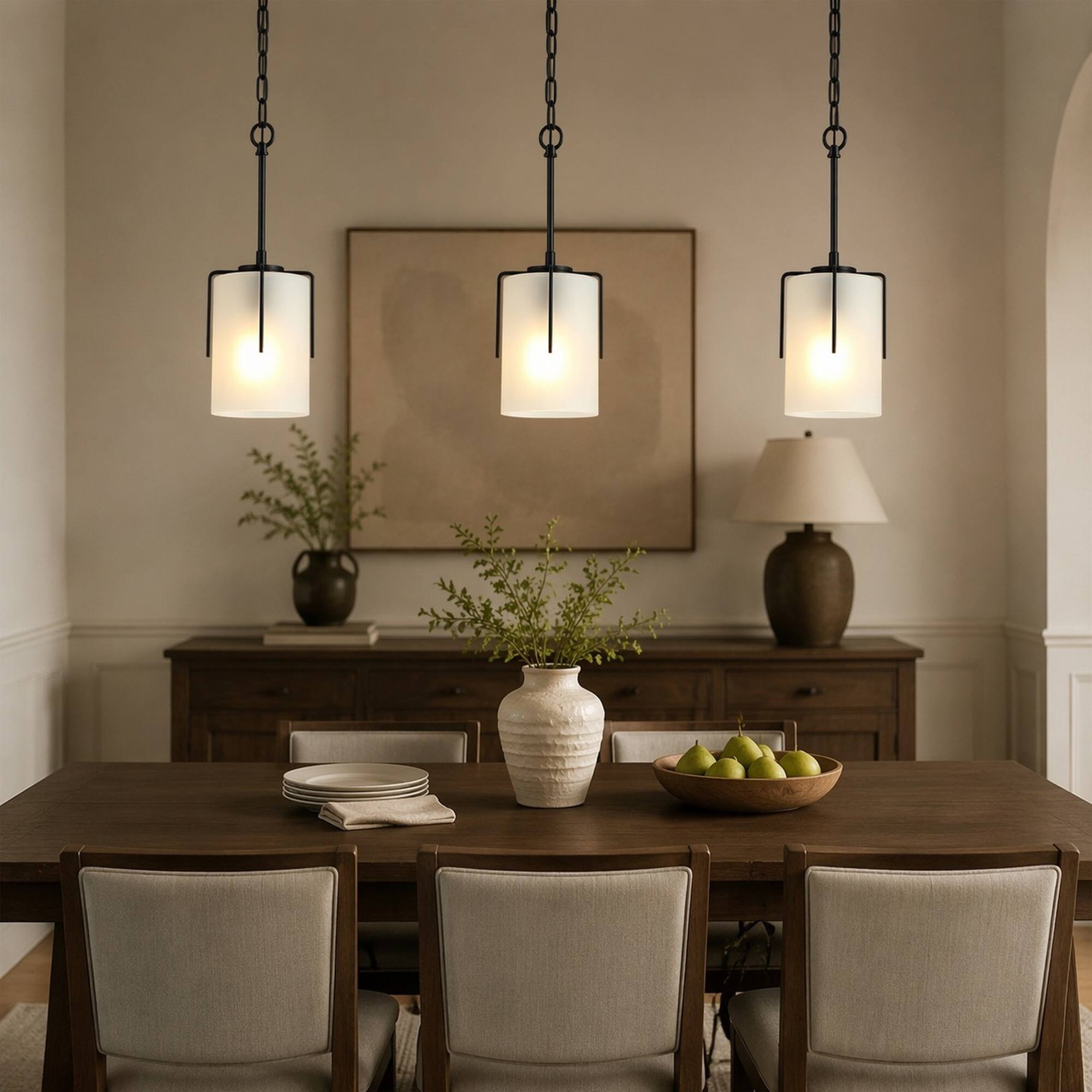 Angle. RYHNUYNE - Modern Black Pendant Light with Frosted Glass Shade,Linear Light Fixture for Kitchen Island Dining Room - Black.