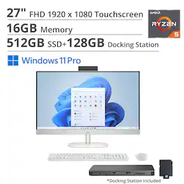 HP - 27" Touch All-in-One Desktop,Ryzen 5 7520U,16GB RAM,512GB SSD+160GB Dock Set,Wireless Keyboard&Mouse,Win 11 Pro - White