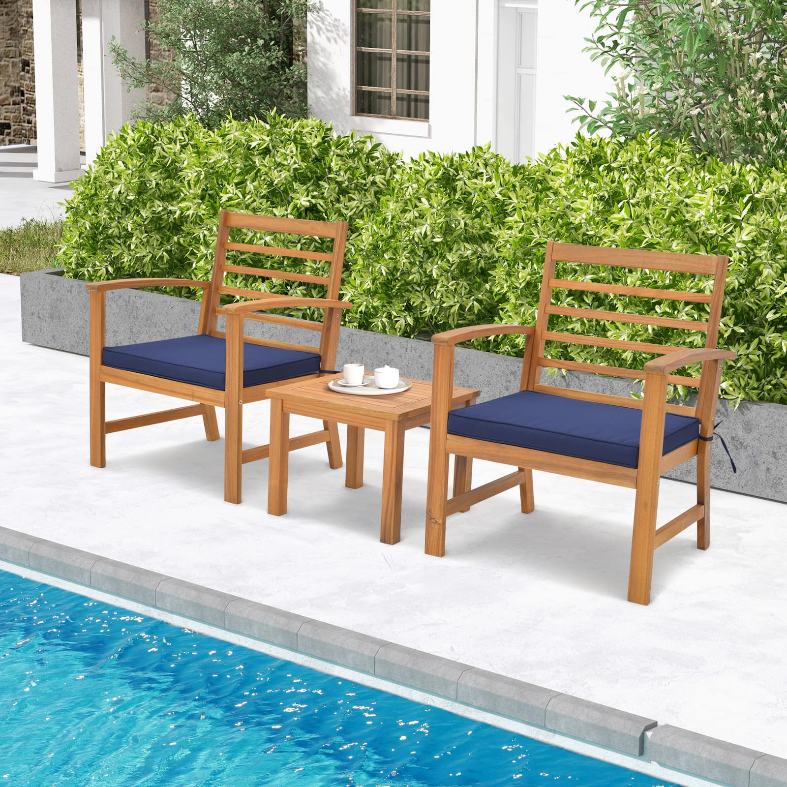 Gymax - 3PCS Furniture Set Acacia Wood Conversation Set w/ Soft Seat Cushions Outdoor - Natural, Navy price history on PriceWatchPro