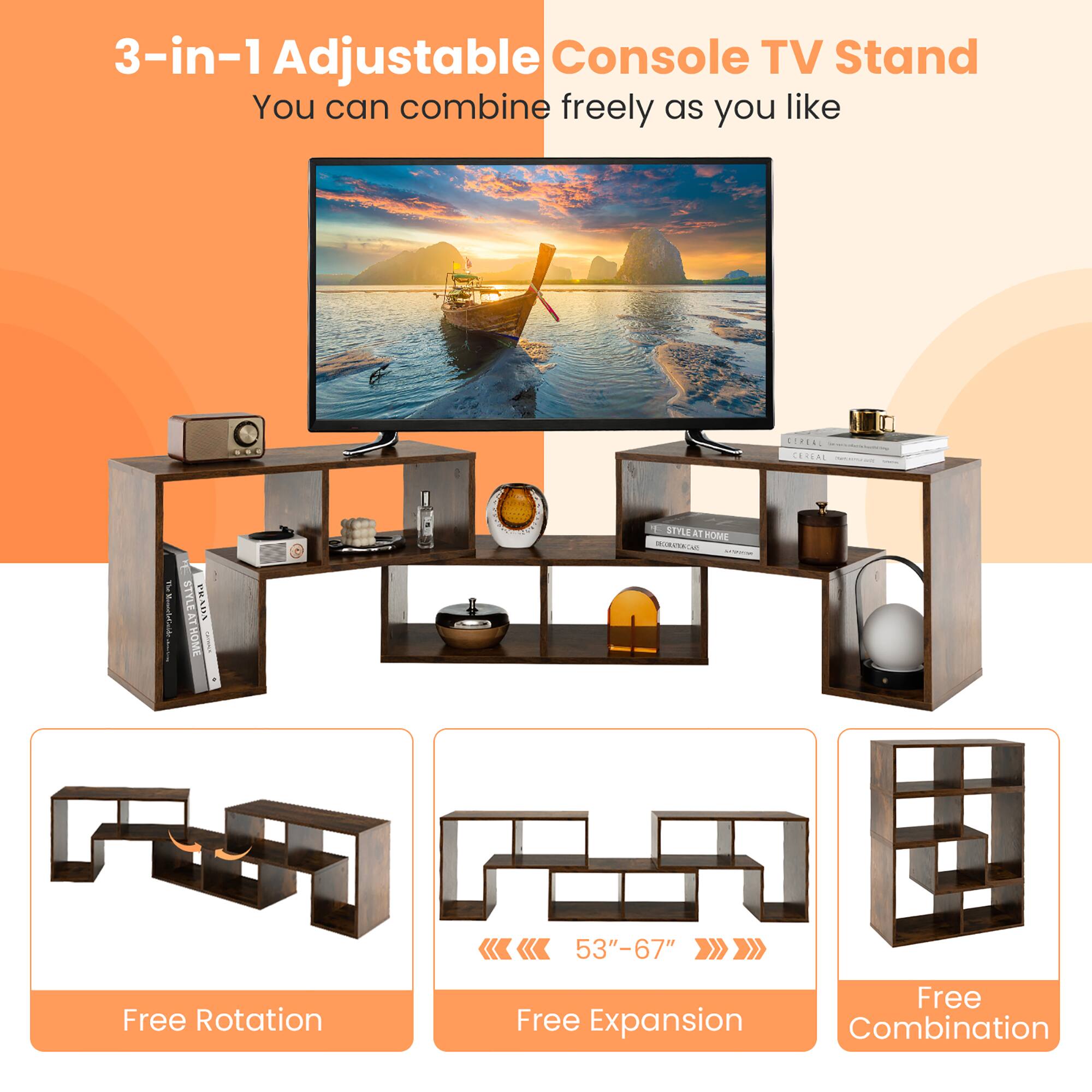 3-in-1 Adjustable Console TV Stand: You can combine freely as you like! 1 Style at Home! 53"-67" Free Rotation, Free Expansion, Free Combination.