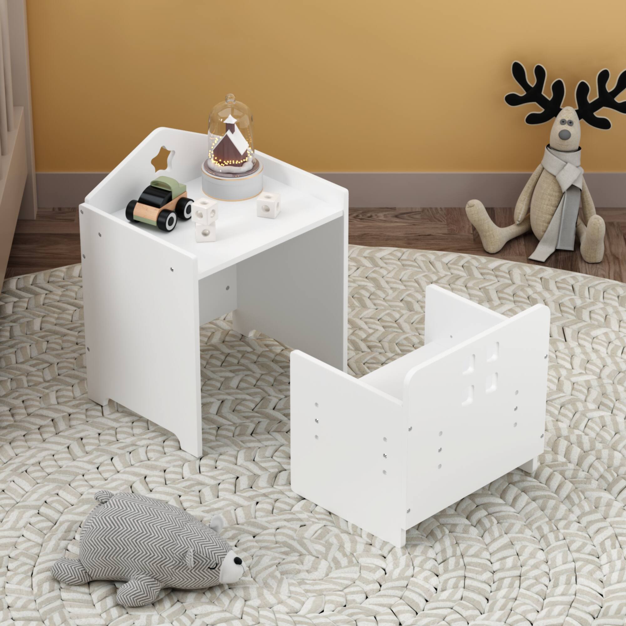 Angle. Tiramisubest - Wooden Toddler Table and Chair Set,Kids Activity Table Step Stools with Blackboard & 3 Heights Adjustable - White.