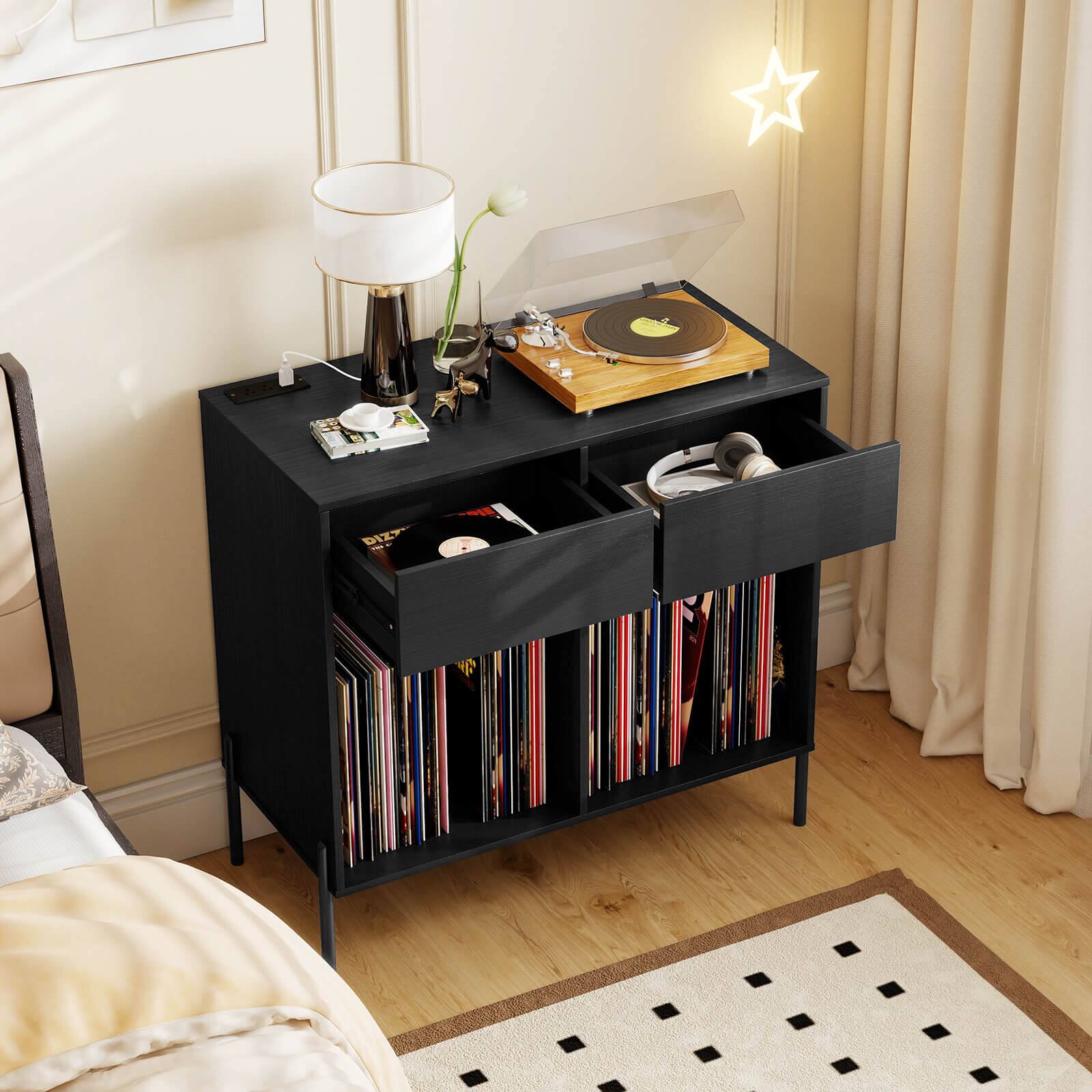 Alt View 1. Costway - Costway Large Record Player Stand with Charging Station Storage Compartments & 2 Drawers - Black.