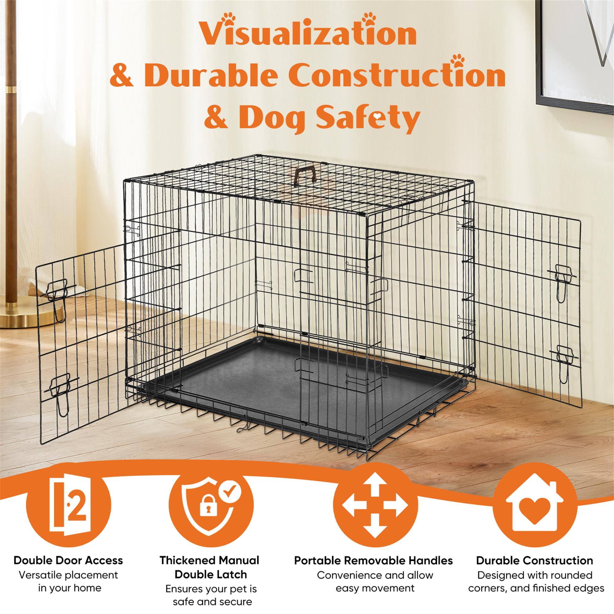Visualization & Durable Construction & Dog Safety

- Double Door Access: Versatile placement in your home
- Thickened Manual Double Latch: Ensures your pet is safe and secure
- Portable Removable Handles: Convenience and allow easy movement
- Durable Construction: Designed with rounded corners, and finished edges