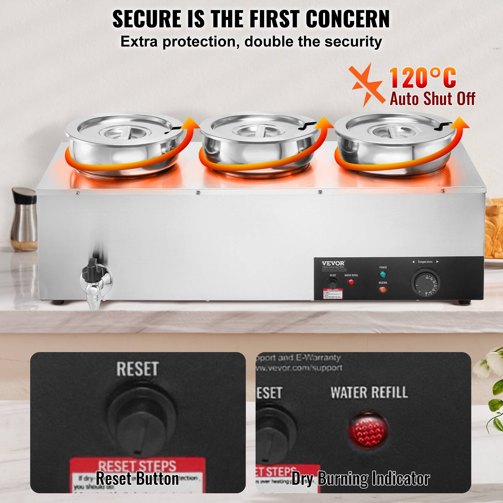 SECURE IS THE FIRST CONCERN  
Extra protection, double the security  
120°C Auto Shut Off  

VEVOR  
Temperature  
1221 su  
55  
100%  
P  
RESET  
port and E-Warranty  
www.vevor.com/support  
ESET WATER REFILL  
RESET STEPS  
Dry Reset Button  
Dry Burning Indicator